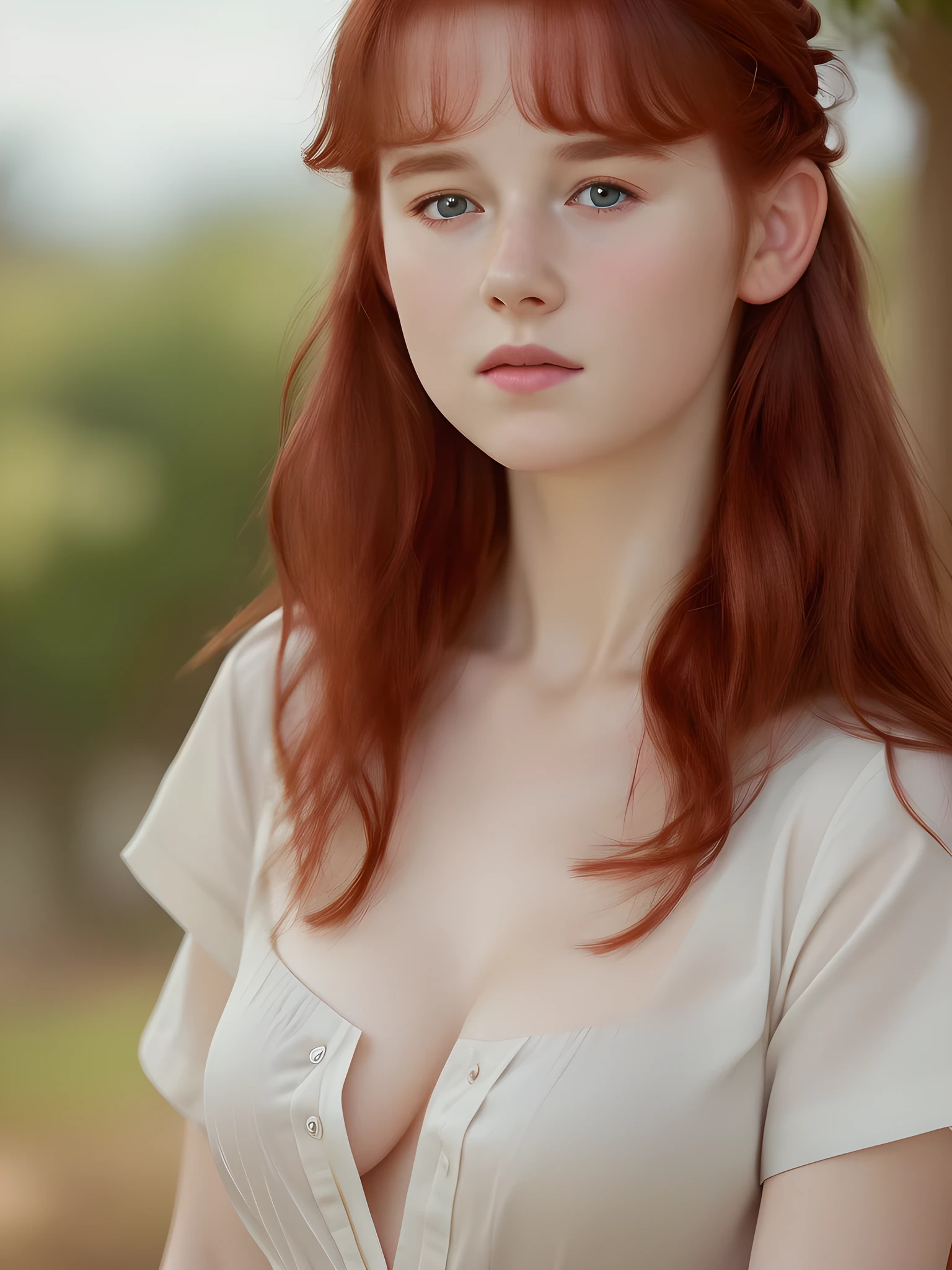 (best quality,4k,8k,highres,masterpiece:1.2),ultra-detailed,(realistic,photorealistic,photo-realistic:1.37), ((Clare wearing shirt, shy, pale skin)), ((very large bust size for her young age)), braided red hair