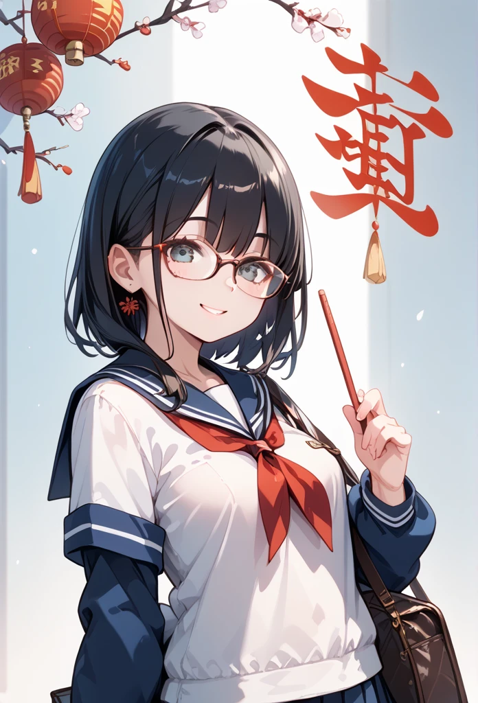 Black hair, glasses, sailor uniform, New Year, smile