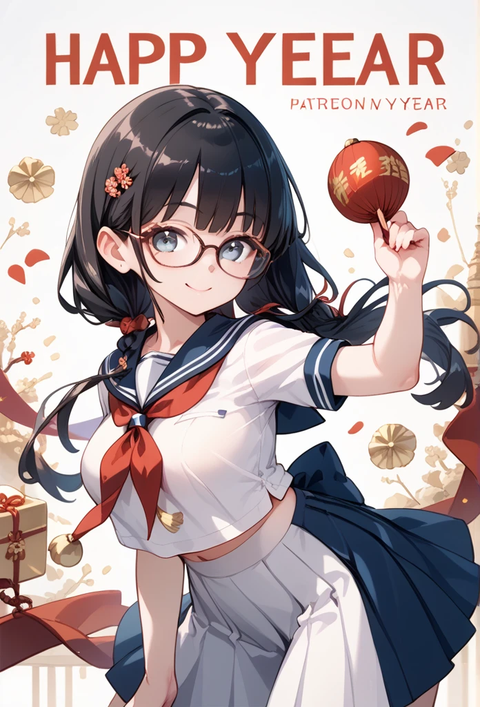 Black hair, glasses, sailor uniform, New Year, smile