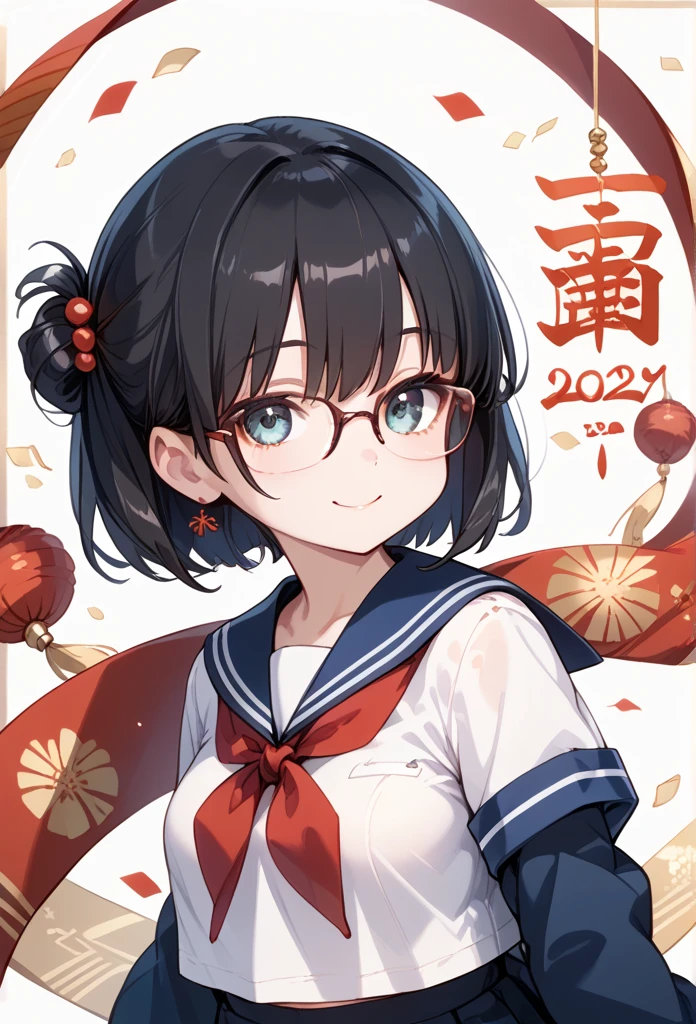 Black hair, glasses, sailor uniform, New Year, smile