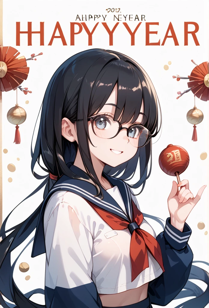 Black hair, glasses, sailor uniform, New Year, smile