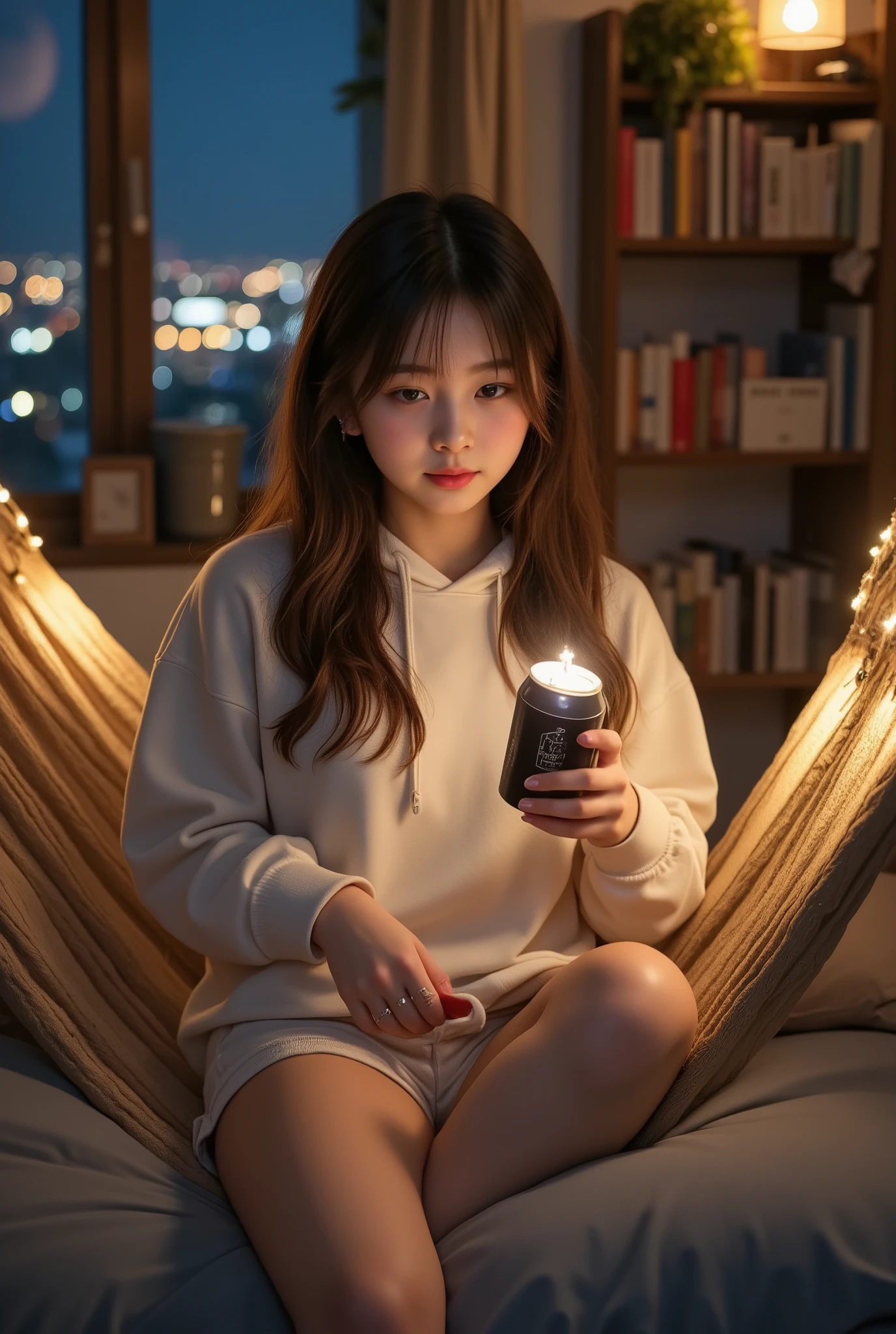 In a cozy and softly lit bedroom, School uniform, spread legs, a beautiful girl sits comfortably in a hammock strung between two walls. She has a small, sleek laptop balanced on her lap, its screen glowing softly. In her right hand, she holds an opened can of beer, condensation dripping down its sides, while her left hand operates an iPhone with practiced ease. Her cheeks are flushed a soft pink, hinting at excitement or perhaps the effect of the drink. Her long, slightly wavy hair cascades over her shoulders, and she wears a casual yet stylish outfit—a loose, oversized hoodie and snug shorts, highlighting a relaxed vibe. The hammock sways gently, surrounded by the warmth of the room, which is adorned with fairy lights, bookshelves filled with novels, and scattered cushions. Outside the window, a faint cityscape glimmers in the night, adding to the serene yet lively mood of the scene. The focus remains on her expression, a mix of youthful excitement and absorbed concentration as she interacts with her phone while multitasking effortlessly.