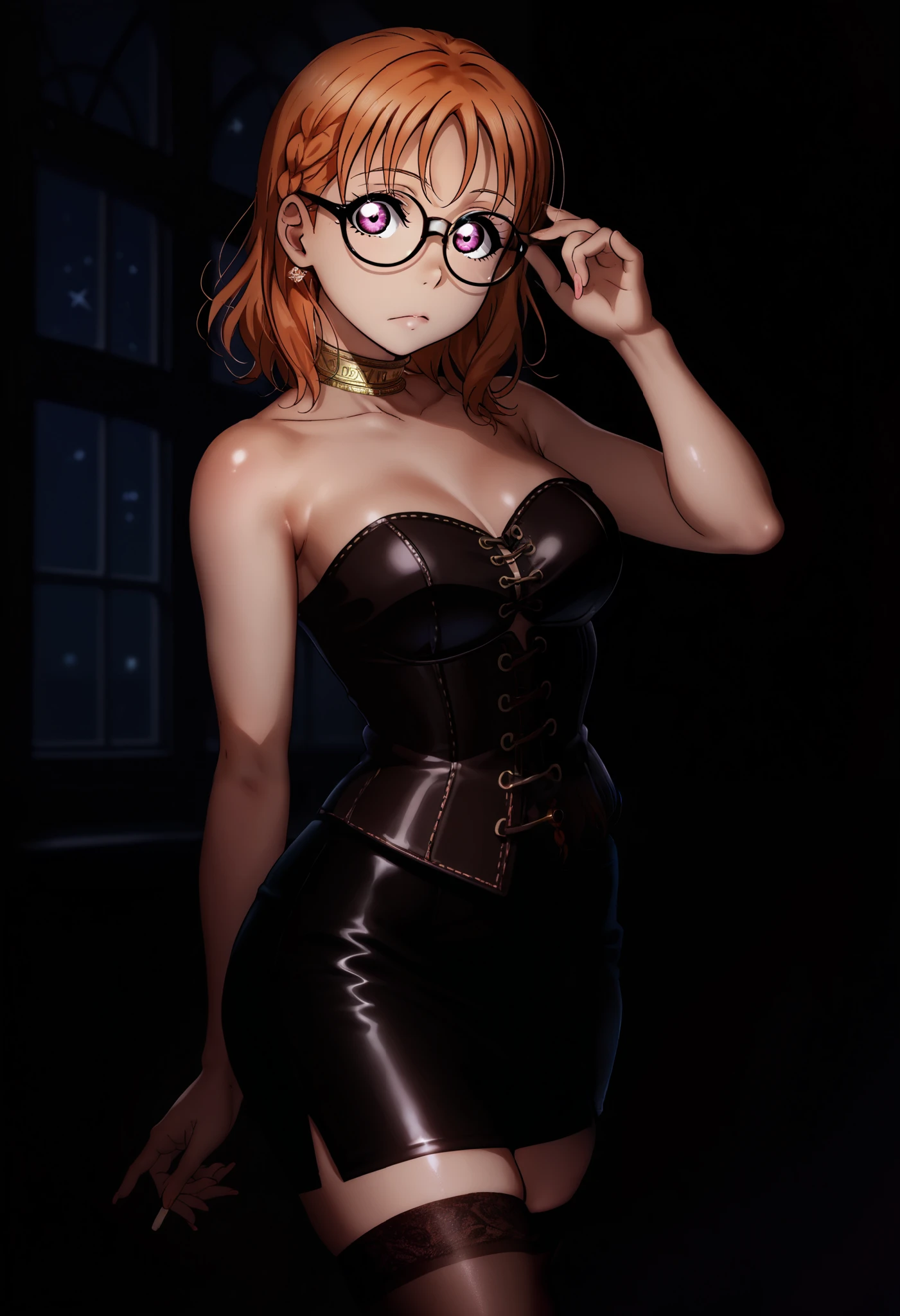 love live art style, takami chika , orange hair, medium hair, pink eyes, side braid, circle glasses, corset, pencil skirt,collarbone,neck ring, thighhighs , night , looking at viewer, strapless , adjusting glasses , shiny skin,thin waist,curvy hips,solo,dramatic angel,dark, shiny skin,RUKIA Style, pioneer