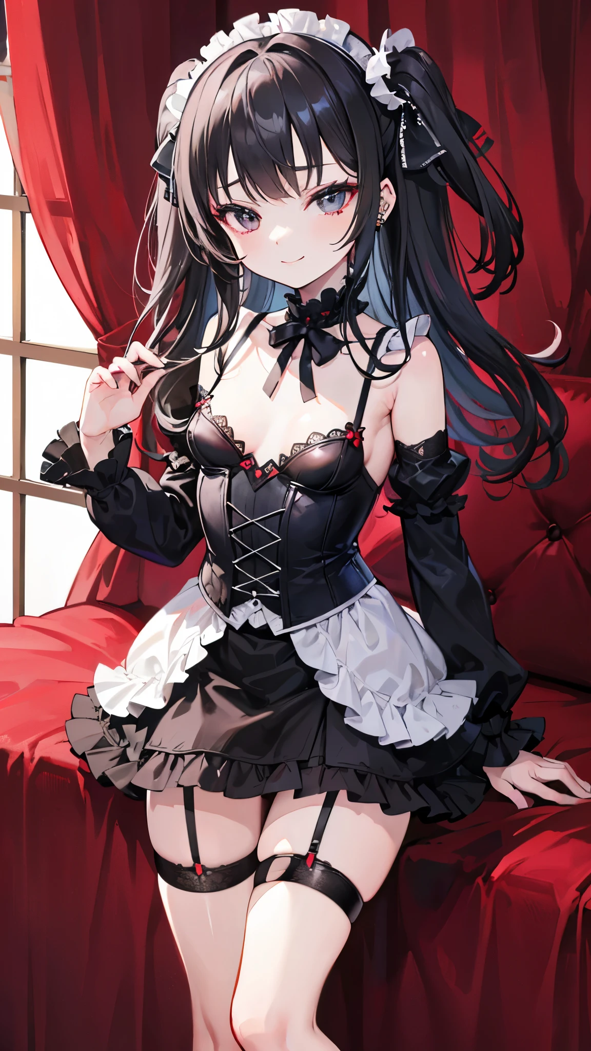((Highest quality)), ((masterpiece)), (detailed)　Cowboy Shot,　黒髪Long Hair　｛{{slitの入ったロングスカート}}｝　Contemporary mature adult woman sitting in chair　｛{{スレンダーなofficeレディ}}｝Exposing shoulders　深いslitの入った膝下スカート　Long Hair　｛{{No sleeve}}｝office　｛{{No sleeveボタンシャツ}}｝　belt　slit　watch　Exposed arms　