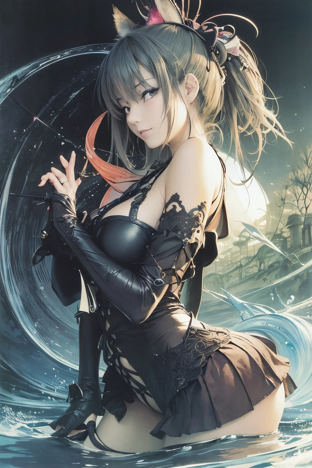 Arthur Rackham, Naoyuki Kato, Albert Morrow, Robert Gibbings full colours, Yuu Watase, Surrealism Mysterious Bizarre Fantastic Fantasy Sci-fi, Japanese Anime, Tokyo Tower, Beautiful high school girl in a miniskirt descending, perfect voluminous body, detailed masterpiece Hyper realistic sharp focus embarrassing shy cute blushing scared happy wet sweating