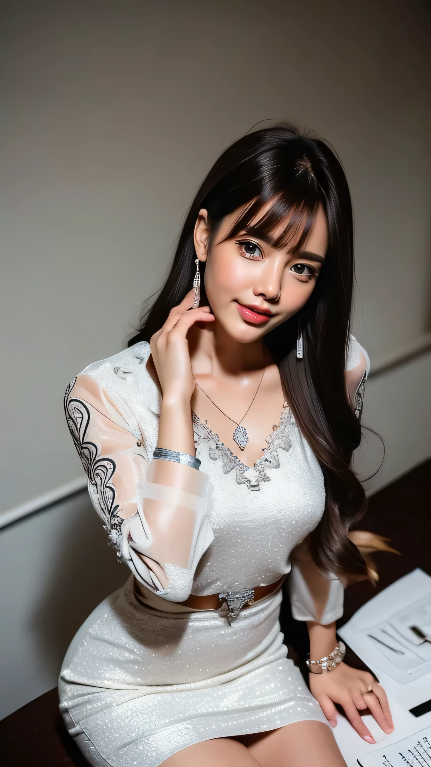 (8k, high res,masterpiece, top quality , Alone, intricate details , Color Difference), realistic , (( small breasts)), Hair in one eye, Large round hoop earrings , diamond choker, gold necklace , silver necklace , Small Clock, Bangles, Bracelet , anklet with a large cane, waist necklace, ( symmetrical eyes),( perfect symmetrical body ), ( photo of a beautiful 24-year-old age girl ), modern fashion paintings and beautiful and attractive ., watching the audience, ( rectangular leather belt buckle ), ((Put your hands down .)), (Bob, medium hair, curl, Side Flatness, Brass-colored hair, (The face is covered with thin hairs .)), sharp eyeliner , eyeshadow, , dark lashes , Sharp Eye, purple eyes, pink cheeks, is very delicate and beautiful, Round chin, Sharp Focus, elegant , ( sit up to the camera and look up .), (Super long brown hair reaching to her waist:1.4)),((shy smile:1.4)),((mideum breasts:1.4)),((gold necklace_Large earrings:1.2)),((wearing white mini dress decorated with silver embroidery_long see through sleeves:1.5))((sitting in the office and working at the desk:1.4))((Place your left hand gently on your chin:1.5))((gold necklace_Large earrings:1.2)),((shy smile:1.5))((asymmetrical bangs_hair over one eye:1.5))((From an oblique angle above:1.5)),