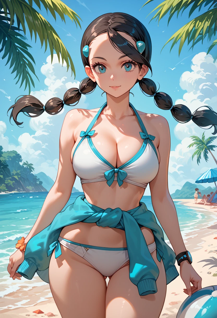 (Best quality, detailed background,depth of field, volumetric lighting, sharp focus, Absurd, ultra-detailed), 1 sexy girl ((beautiful,two-tone hair,twin braids, black hair, multicolored hair, (blue eyes), gradient hair , big breasts ,21 years old, long hair, lush, soft, curvaceous body)), Highcut Underwear & Swimsuits - ApplePie
