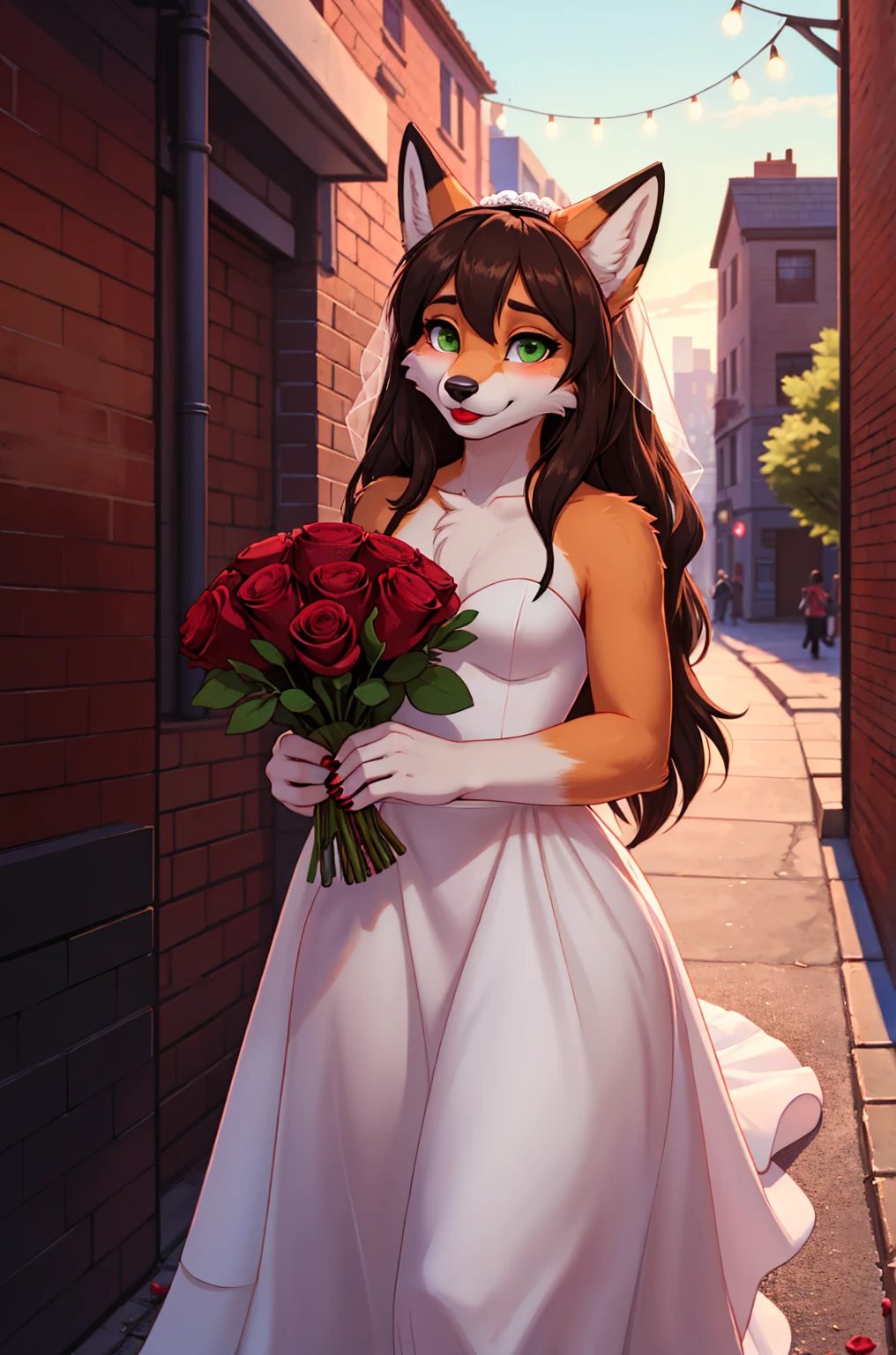 Best quality, furry male fox with green eyes, with brown long hair, with black spout, with red lipstick on lips, big lips, in a wedding dress, crossdressing, shy, bare chest, sexy pose, portrait, Against the background of the night street