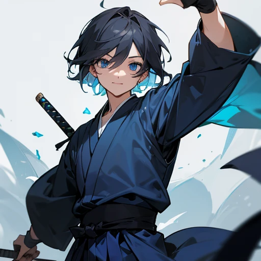 1male , Adult Male , Blue Hair , Medium Length Hair Hair , Spiky Hair , Messy Hair , White Yukata, Serious Expression , Fisher Village background , Muscular , Sword on hip , Katana on hip