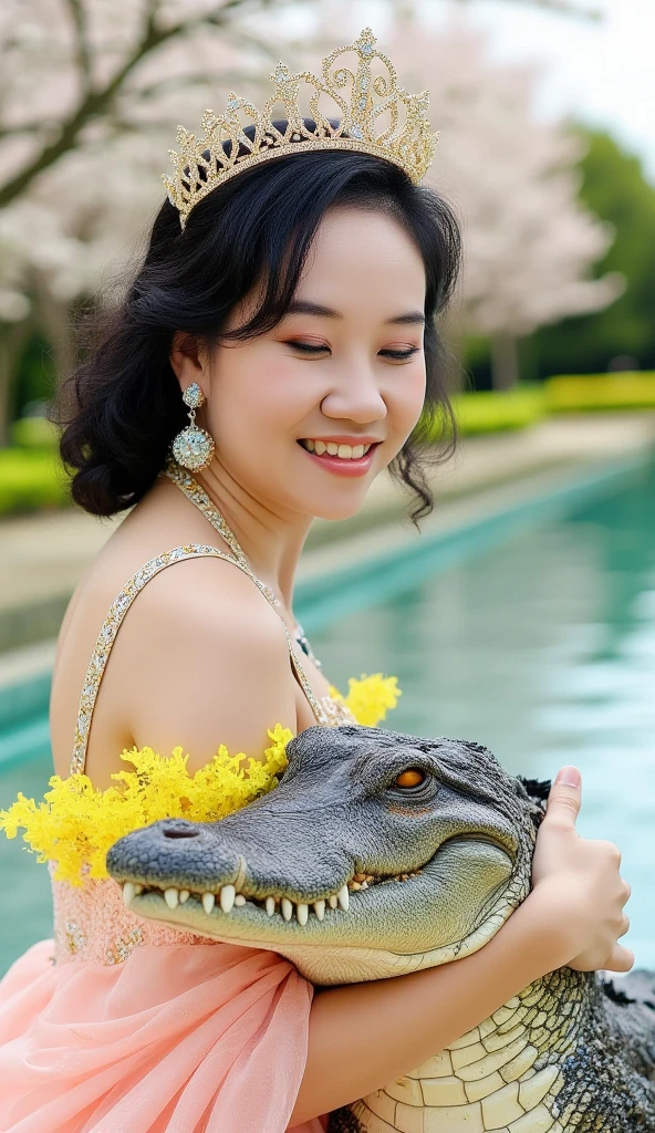 Alligator in pink dress and hat