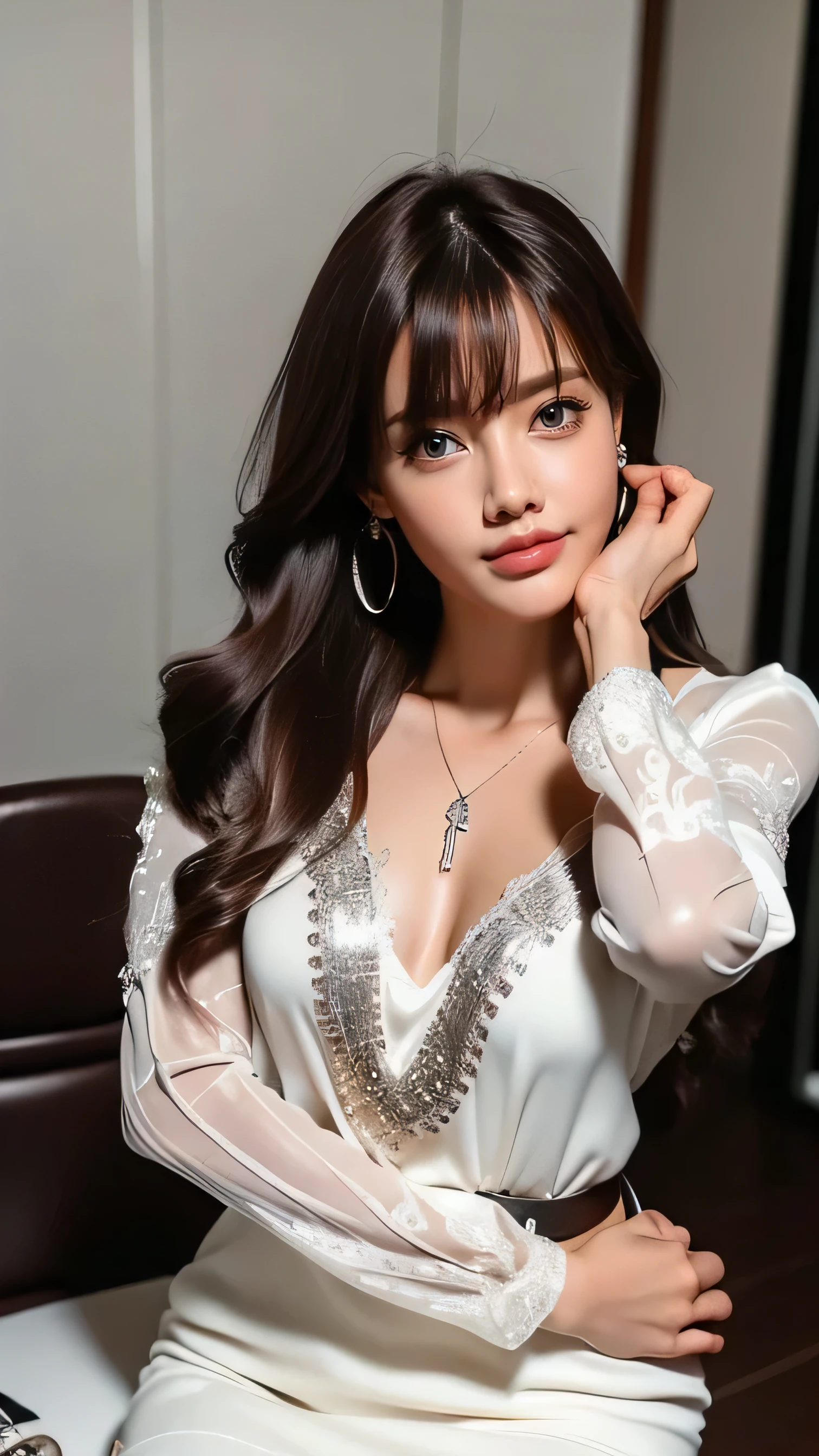 (8k, high res,masterpiece, top quality , Alone, intricate details , Color Difference), realistic , (( small breasts)), Hair in one eye, Large round hoop earrings , diamond choker, gold necklace , silver necklace , Small Clock, Bangles, Bracelet , anklet with a large cane, waist necklace, ( symmetrical eyes),( perfect symmetrical body ), ( photo of a beautiful 24-year-old age girl ), modern fashion paintings and beautiful and attractive ., watching the audience, ( rectangular leather belt buckle ), ((Put your hands down .)), (Bob, medium hair, curl, Side Flatness, Brass-colored hair, (The face is covered with thin hairs .)), sharp eyeliner , eyeshadow, , dark lashes , Sharp Eye, purple eyes, pink cheeks, is very delicate and beautiful, Round chin, Sharp Focus, elegant , ( sit up to the camera and look up .), (Super long brown hair reaching to her waist:1.4)),((shy smile:1.4)),((mideum breasts:1.4)),((gold necklace_Large earrings:1.2)),((wearing white mini dress decorated with silver embroidery_long see through sleeves_Black high collar _ tighten the black cuffs:1.5))((sitting in the office and working at the desk:1.4))((Place your left hand gently on your chin:1.5))((gold necklace_Large earrings:1.2)),((shy smile:1.5))((asymmetrical bangs_hair over one eye:1.5))