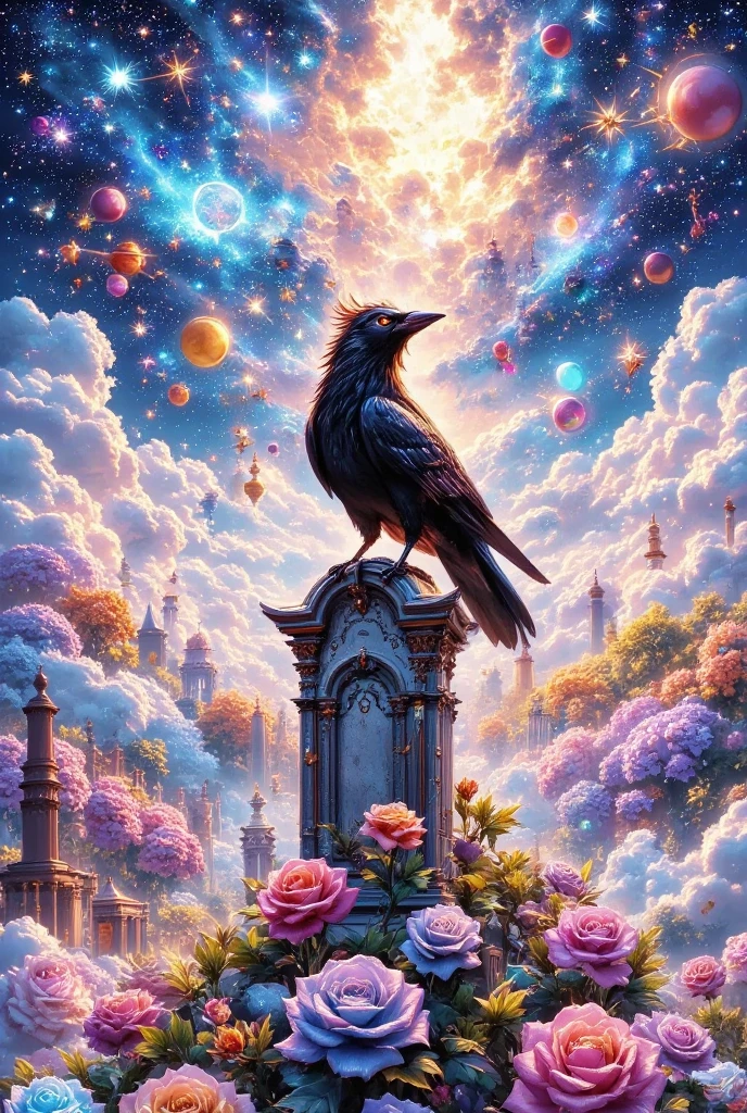 "Coloful Ink splash art style of a crow in a graveyard. Perched on tombstone. Starry night sky, Flowers, fog. Colorful inksplash background.