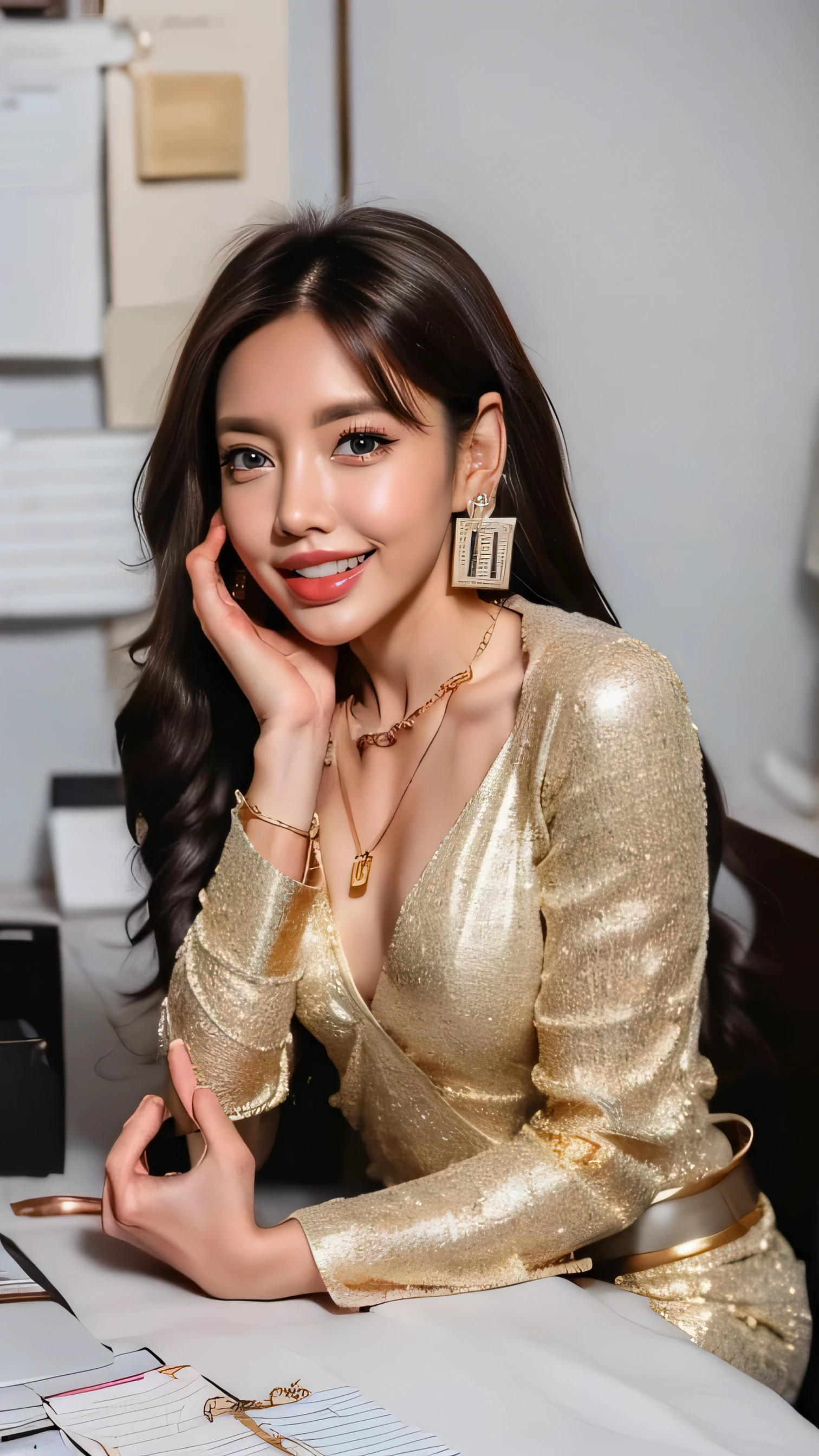 (8k, high res,masterpiece, top quality , Alone, intricate details , Color Difference), realistic , (( small breasts)), Hair in one eye, Large round hoop earrings , diamond choker, gold necklace , silver necklace , Small Clock, Bangles, Bracelet , anklet with a large cane, waist necklace, ( symmetrical eyes),( perfect symmetrical body ), ( photo of a beautiful 24-year-old age girl ), modern fashion paintings and beautiful and attractive ., watching the audience, ( rectangular leather belt buckle ), ((Put your hands down .)), (Bob, medium hair, curl, Side Flatness, Brass-colored hair, (The face is covered with thin hairs .)), sharp eyeliner , eyeshadow, , dark lashes , Sharp Eye, purple eyes, pink cheeks, is very delicate and beautiful, Round chin, Sharp Focus, elegant , ( sit up to the camera and look up .), (Super long brown hair reaching to her waist:1.4)),((shy smile:1.4)),((mideum breasts:1.4)),((gold necklace_Large earrings:1.2)),((((wearing a white shirt wrapping mini dress_long see through sleeves:1.4)((sitting in the office and working at the desk:1.4))((Place your left hand gently on your chin:1.5))((gold necklace_Large earrings:1.2)),((shy smile:1.5))