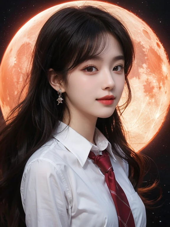 red moon on background, unbuttoned shirt,  black tie , Straight hair,  long hair,  ,  looking straight ahead {x} smiley face, red eyes, Detailed description , High quality