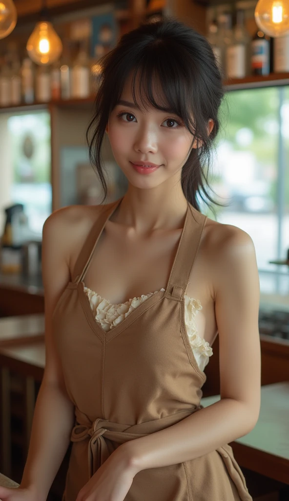 (32K:1.9, Highest quality, masterpiece, Ultra-high resolution, Professional low-angle camerawork:1.5, Very detailedな肌と顔の質感:1.4), Always accurate, Very detailed, ((27-year-old Japanese wife, Busty on the verge of collapse, A small face with ultimate beauty, Cooking in the kitchen:1.6, The morning light illuminates the hut, Wearing only a gingham apron, naked.:1.7, Incredibly slim body:1.5, areola is not visible)), Fair skin, elegant, sense of cleanliness, Vegetable cutting pose, (Big eyes that exude beautiful eroticism:0.4, A shy smile:1.0, I love you with all my heart:0.8, Please open your mouth a little, lipstick, Feel the beautiful eroticism:0.9), (Wet dark brown messy hair), Earrings, necklace, bracelet, (romantic, artistic, mysterious), Object of admiration, original, dramatic, Innovative, charm, Heartful, Fancy, sense of openness, special, exciting, Extreme, Tilt, sense of loss, joy, joyの表現, (((若さのcharm, 女性的なcharm)))