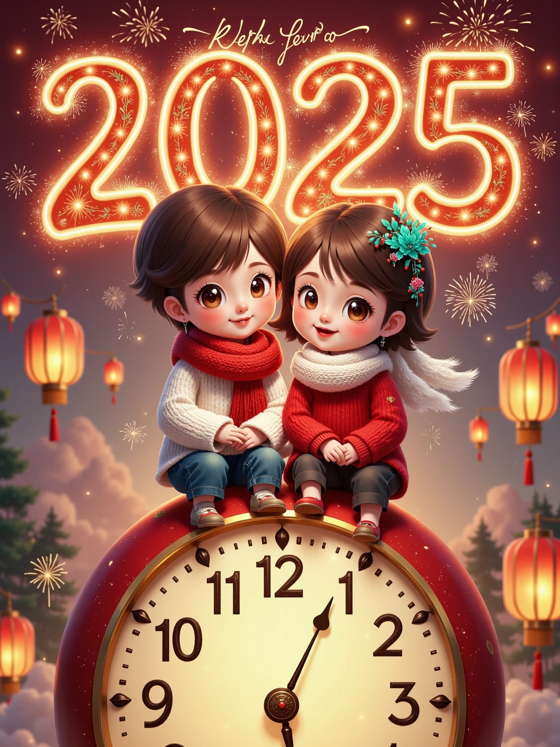 Flat illustration, New Year poster, surreal, glowing text "HELLO 2025" at the top, subtitle "With loved ones", a cute boy (short brown hair, white sweater, red scarf) and a cute girl (long brown hair, red sweater, white scarf) sitting close together on top of a giant clock, front view, fireworks, particle glow, blurred background, depth of field, whimsical New Year atmosphere, New Year's Eve atmosphere, soft lighting, dreamy atmosphere, storytelling, artistic, 8K, masterpiece