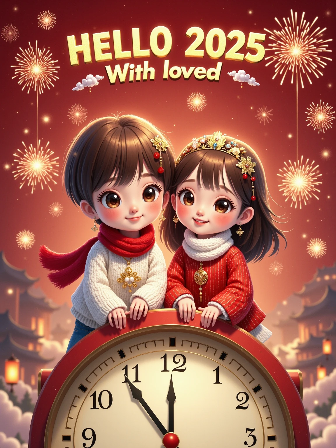 Flat illustration, New Year poster, surreal, glowing text "HELLO 2025" at the top, subtitle "With loved ones", a cute boy (short brown hair, white sweater, red scarf) and a cute girl (long brown hair, red sweater, white scarf) sitting close together on top of a giant clock, front view, fireworks, particle glow, blurred background, depth of field, whimsical New Year atmosphere, New Year's Eve atmosphere, soft lighting, dreamy atmosphere, storytelling, artistic, 8K, masterpiece