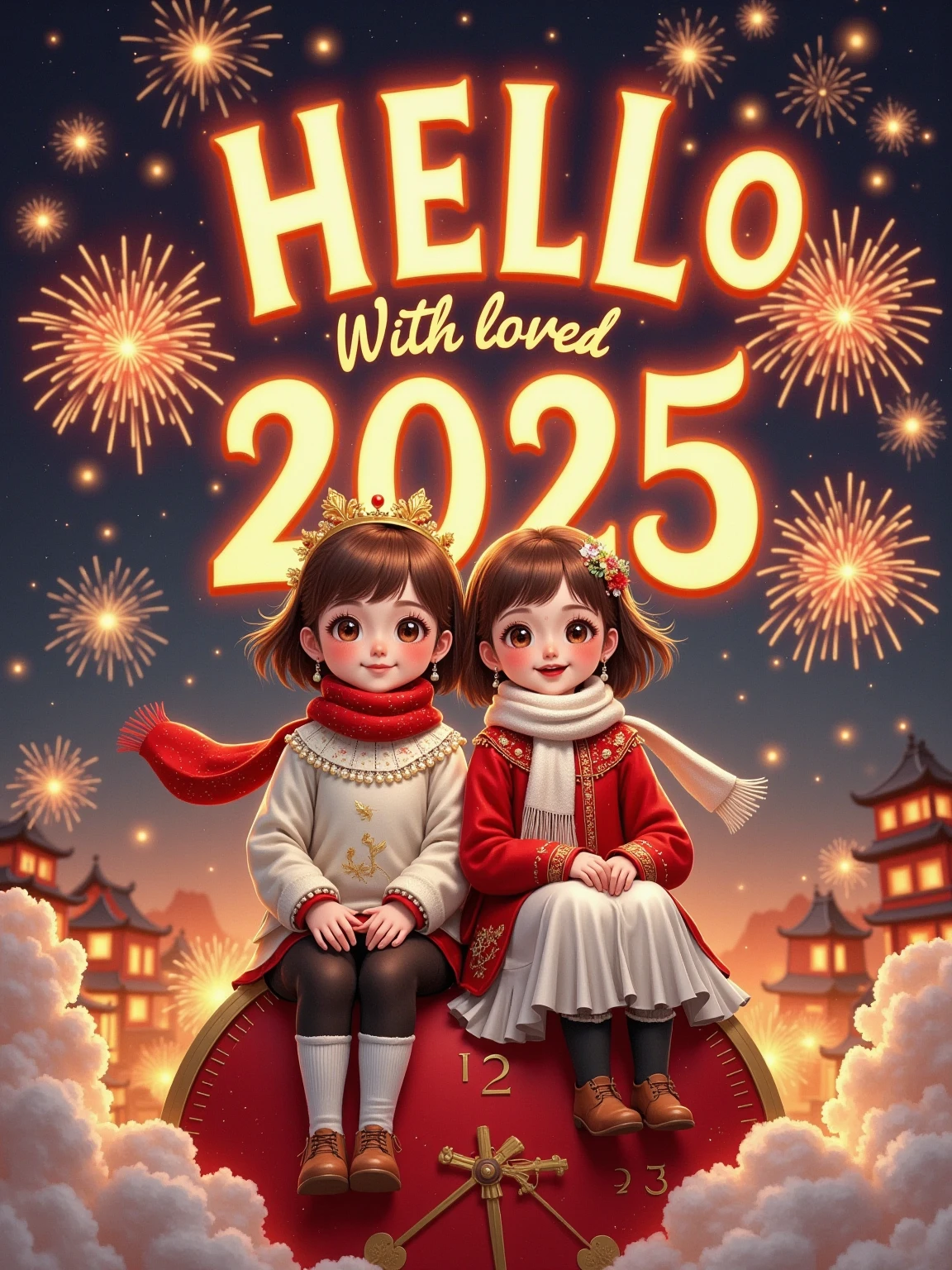 Flat illustration, New Year poster, surreal, glowing text "HELLO 2025" at the top, subtitle "With loved ones", a cute boy (short brown hair, white sweater, red scarf) and a cute girl (long brown hair, red sweater, white scarf) sitting close together on top of a giant clock, front view, fireworks, particle glow, blurred background, depth of field, whimsical New Year atmosphere, New Year's Eve atmosphere, soft lighting, dreamy atmosphere, storytelling, artistic, 8K, masterpiece