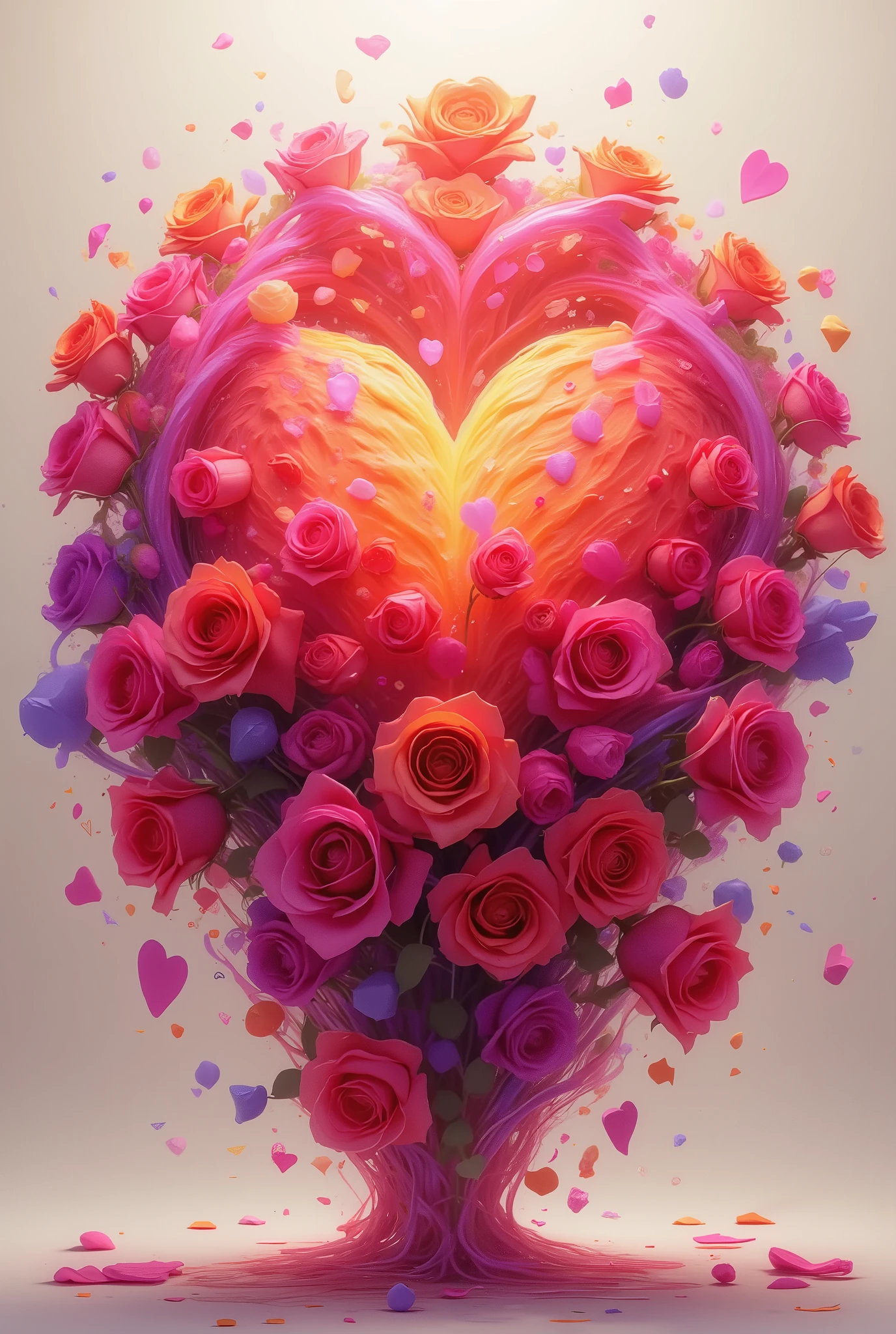 A beautiful bouquet of roses, hearts, The background Soft and gentle is well designed,  better quality , Wonderful, bright colors,  masterpiece fails, 8 k,  maximum quality,  complex details , 