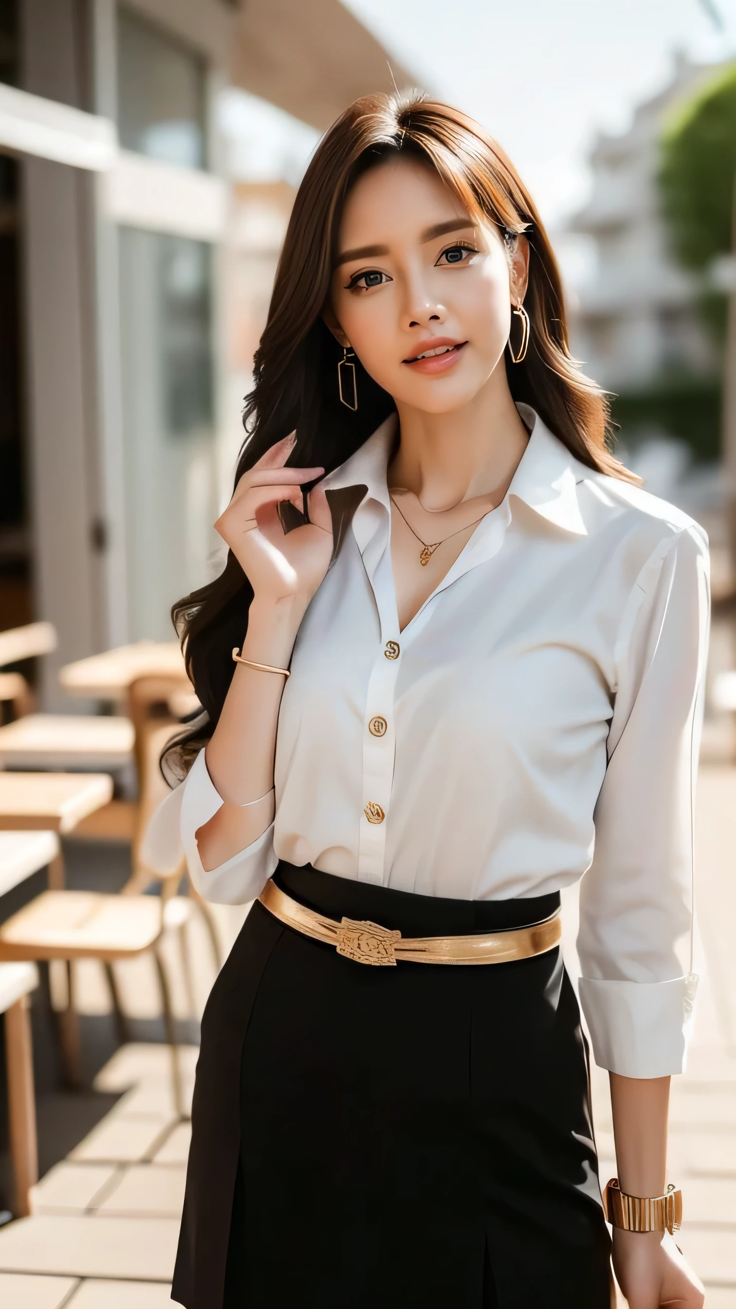 Egyptian nifty girl, (20 years old), in the university, hall, noon, handbag, belt, pleased expression, (above view), (face and eye details), (masterpiece, best quality, highly detailed), (lifelike, natural, naturalistic, photographic, realistic)