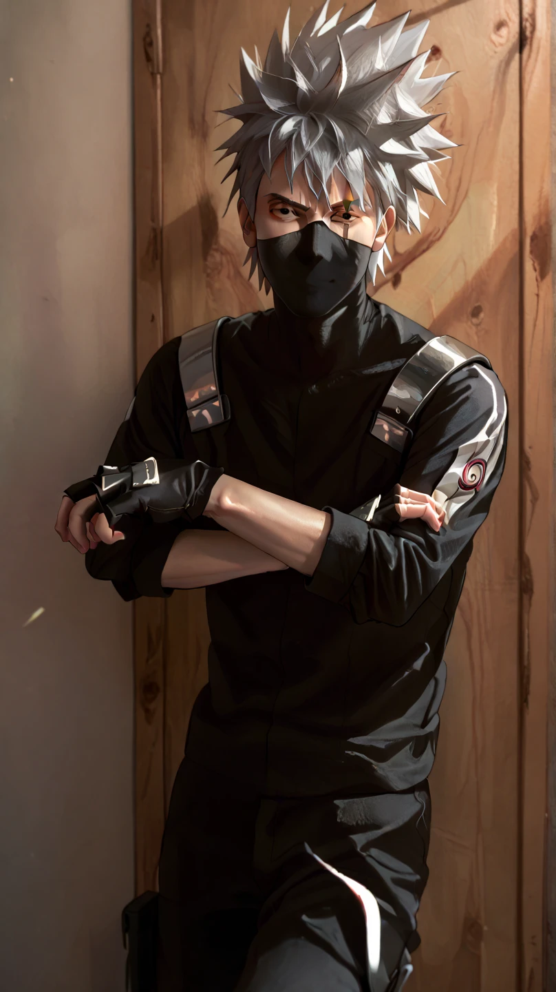 1boy, solo, kakashi, looking at viewer, SpikeD hair, grey hair, black eye, scar left eye, black shirt with red swirls, black pants, black armored fingerless gloves, soft smile