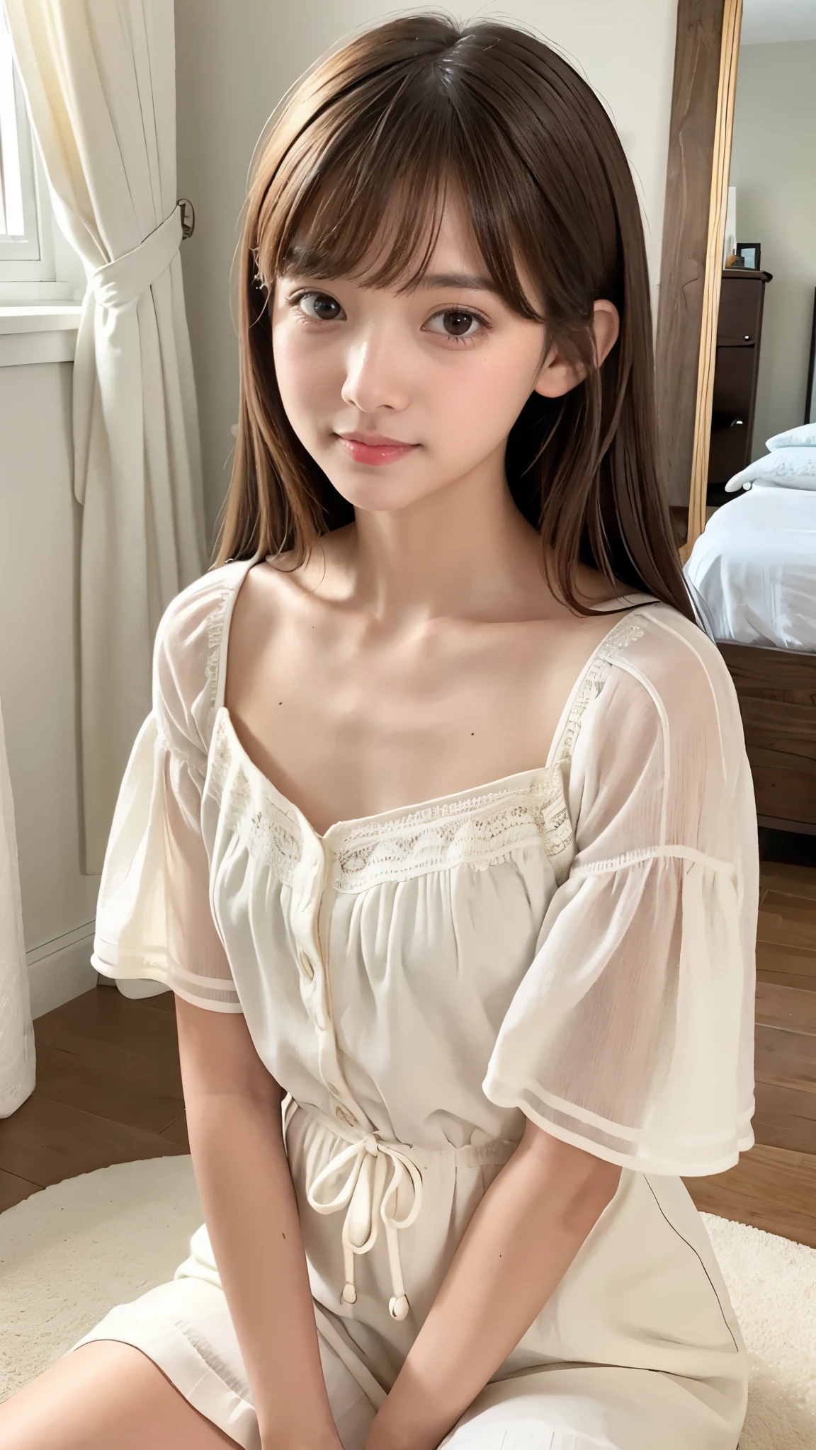 one girl、(beautiful girl、delicate girl:1.3)、(spring clothes:1.3)、very fine eyes、(symmetrical eyes:1.3)、perfectly shaped and anthropomorphically correct fingers、small breasts、brown eyes、(((shortcut)))、parted bangs、brown hair、(Eye and face details:1.0)、(masterpiece、highest quality、super detailed)、detailed face、8k、full-body view from the knee up)、clean and tidy woman’s room with white furniture.