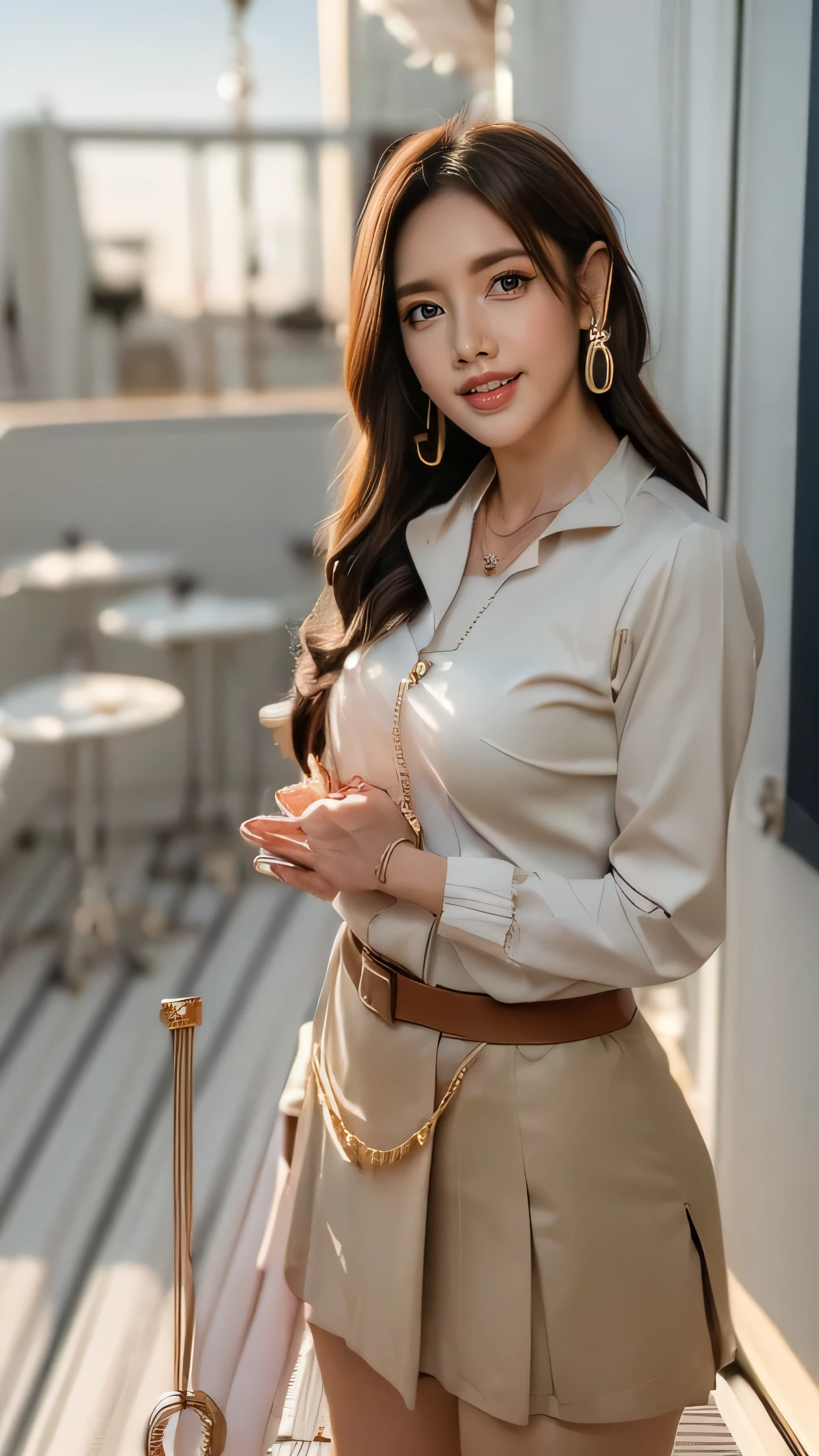 Half-length glamour portrait, nikon D850, f1.6 lens, 200mm, DSLR, 22 Megapixels, (((Sunny terrace overlooking the city rooftops scene))), shot of a stunning 19 years old korean girl, (smile:1.4), (wearing Beige satin blouse and matching wide-leg pants set:1.6), ((seductive pose)), hot girl, (((big natural breasts))), (((black fringe hair))), (small girl), symmetrical face, photorealistic, photography, (bright natural lighting), gorgeous, deep cleavage, (masterpiece), best quality, high resolution, extremely detailed, cinematic lighting, (((very narrow waist))), rich colors, hyper realistic, lifelike texture, ((jewelry)), (((She has beautiful hands and wears rings))), (bracelet), (necklace), (ankle chain), (nail polish) (earrings), Fuji Superia 200, 8k
