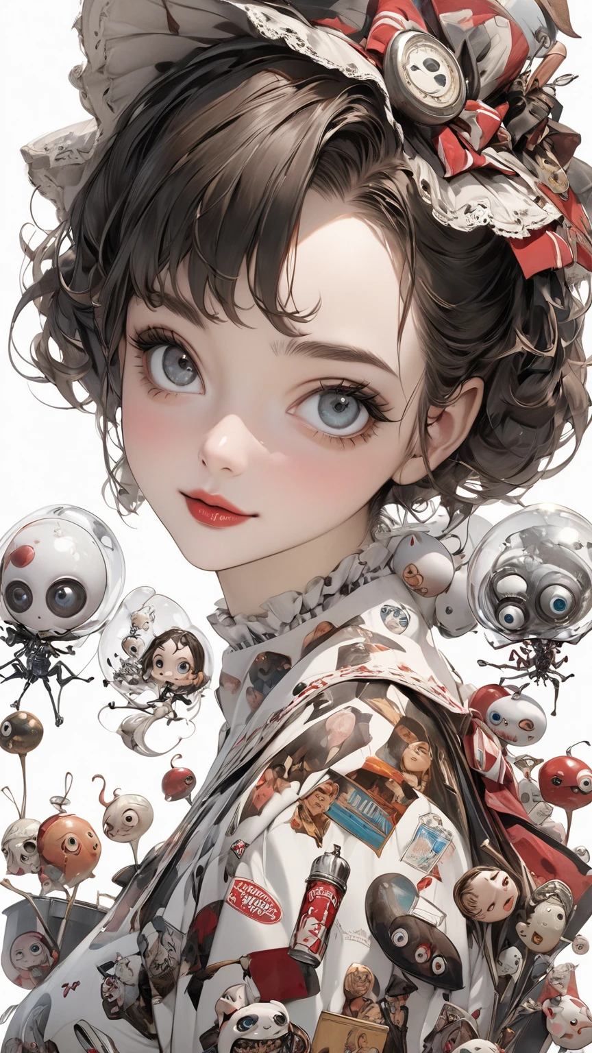A little girl holding a giant red eye, short black hair, wearing a white fluffy dress