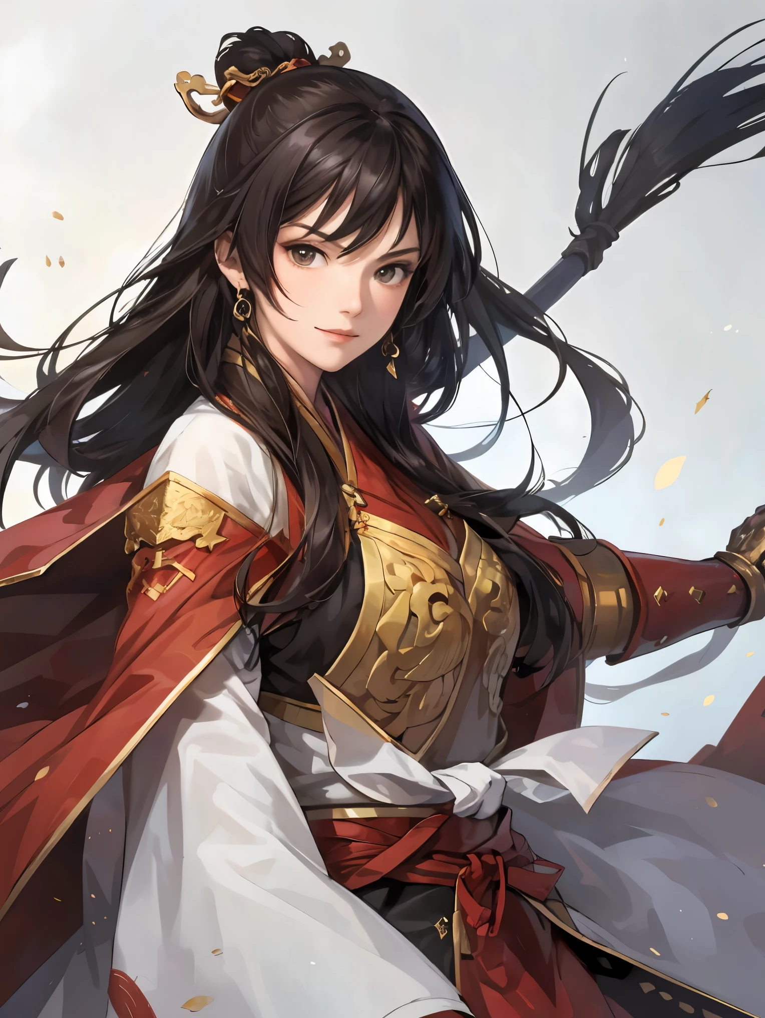 beautiful woman with dark hair :1.3, Stunning Character Art , Hanfu,(( pure white background)), ( top quality ), handsome,Beautiful female knight, 2. 5D CGI fantasy artwork, detailed digital art , Very nice work of art, fan Art Best Art Station, ( RED VELVET LONG CAPE ),(warrior:1.2),Exquisitely drawn hands 、 I'm putting my hands on my lower back, facing the front 、Chinese Armor,From the waist up、One woman、 Faint Smile 、White space above the head,Red Armor、