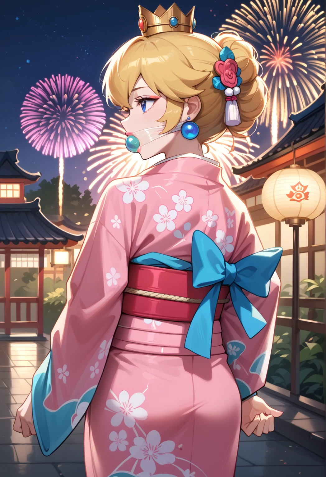 score_9, score_8_up, score_7_up, 1girl, princess peach, crown (bondage,rope,hands behind back),night,fireworks in background, clear stuff gag,IncrsPchKimono, bangs, hair ornament, pink kimono, japanese clothes, obi, sash, wide sleeves, floral print, long sleeves, obijime, print kimono, jewelry, earrings, perfect hands