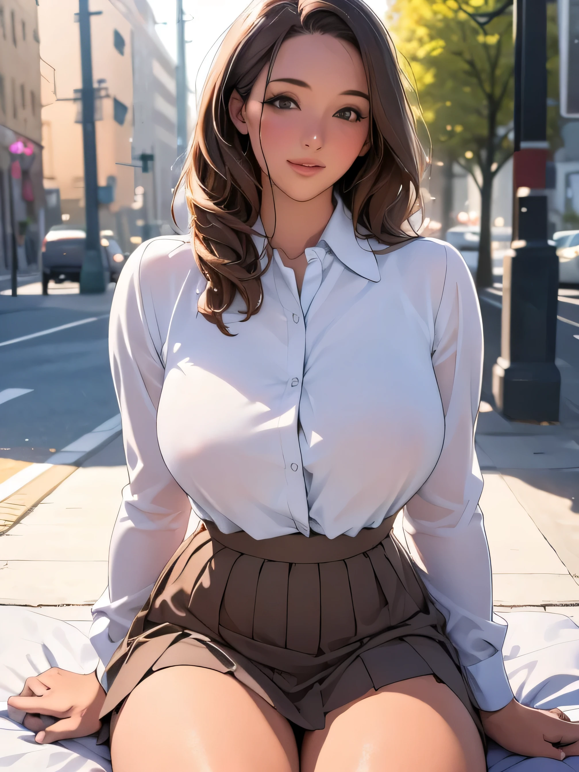 ((masutepiece, Best Quality, hight resolution, nffsw, Perfect Pixel, depth of fields, 4K, nffsw, nffsw))), 1girl in, Single, Solo, Beautiful anime girl, Beautiful Art Style, Anime Character, ((Long hair, Bangs, Brown hair)), ((Green eyes:1.4, rounded eyes, Beautiful eyelashes, Realistic eyes)), ((Detailed face, Blushing:1.2)), ((Smooth texture:0.75, Realistic texture:0.65, Photorealistic:1.1, Anime CG style)), ((medium breasts, cleavage, busty)), Dynamic Angle, Perfect body, ((POV, Selfie Pose, Portrait)), ((White sweater, Long sleeve, Black skirt, plaid skirts, Fashionable, 1 handbag, 1 diamond necklace)), Smile, amusement park, ((The cherry tree, Cherry blossoms fall))