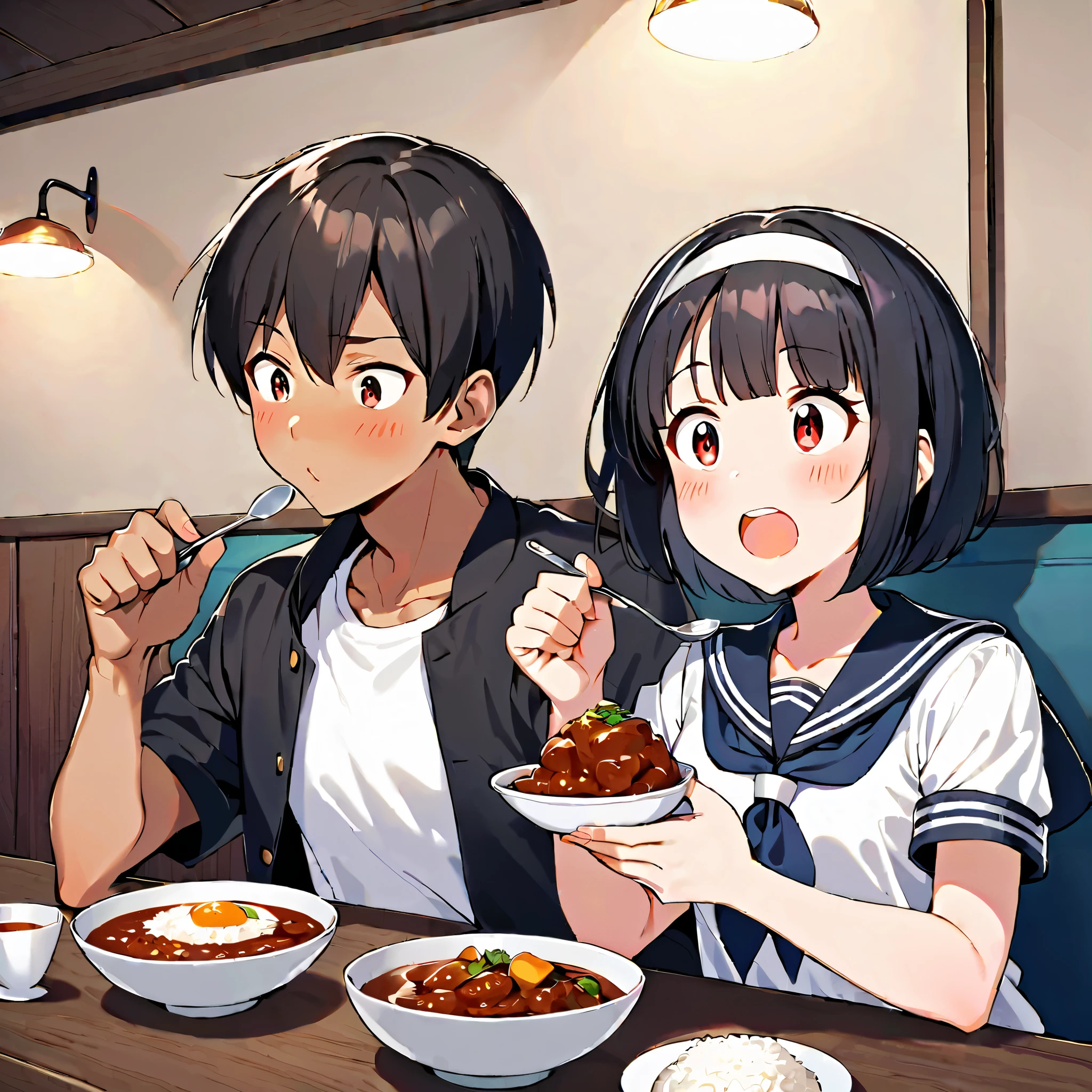 1girl, blush, short hair, open mouth, bangs, seifuku, black hair, red eyes, 1boy, holding, sitting, jacket, white shirt, short sleeves, hairband, food, open clothes, teeth, indoors, dark skin, seifuku, cup, sailor, siblings, eating, table, plate, bowl, wide-eyed, white hairband, spoon, brother and sister, rice, holding spoon, curry