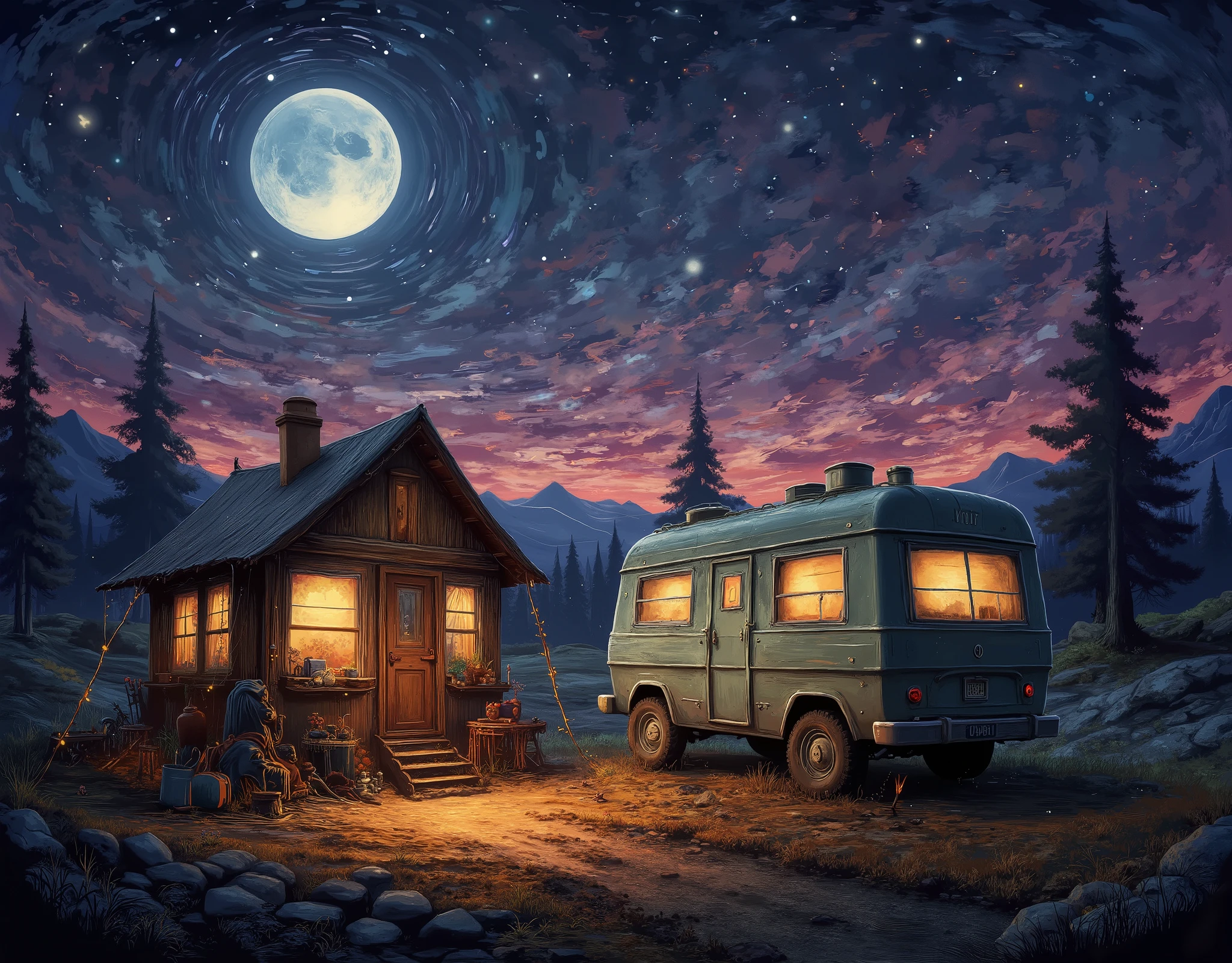 1.background: 깊고 신비한 핑크빛과 보라빛 night하늘이 background을 차지하고, , and the stars are shining all over the sky . It crosses the sky while drawing a smooth trajectory. .
2. Camping Setup : 예쁜 인디언 tent가 세워져 있고, tent 주변에는 아늑한 동그란 알전구 장식이 걸려 있어 따뜻한 느낌을 더해줍니다. tent 옆에는 작은 가랜드가 바람에 살랑거리는 모습도 표현됩니다.
3. bonfire : tent 앞에는 아늑한 bonfire 이 타오르고, The flame has a warm orange color and warms the surrounding air . bonfire 근처에는 캠핑 의자와 소파가 놓여 있어 여유로운 분위기를 연출합니다.
4.Camper : tent 한쪽에 레트로 느낌이 나는 Camper 가 background에 자리잡고 있어요. Camper 의 창문에서 부드러운 빛이 새어 나오고, There are small decorative lights hanging around the .
5. Natural Elements : 주변엔 부드럽게 흐르는 작은 시내와 숲 속의 Trees이 보이며, moonlight shines softly through the leaves. . Ultra HD, masterpiece, Award-winning quality , high resolution , 8k, Make a golf ball on a high-detail , outdoor camping, camper van, Camp , tent, A crowd having fun by the campfire , lake, Trees, night, 별이 빛나는 night하늘, amazing view