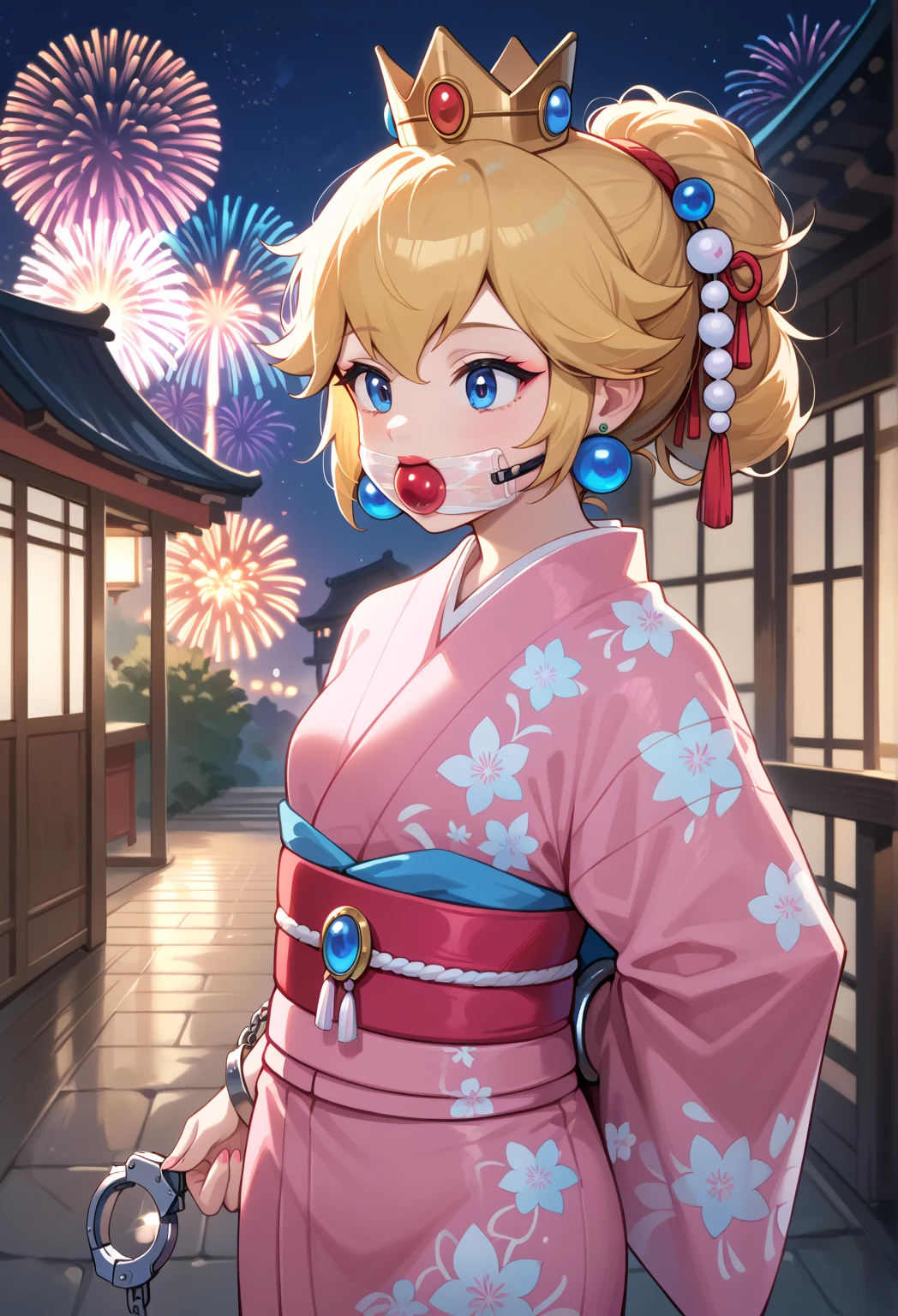 score_9, score_8_up, score_7_up, 1girl, princess peach, crown (handcuff, chain,hands behind back),night,fireworks in background, clear stuff gag,IncrsPchKimono, bangs, hair ornament, pink kimono, japanese clothes, obi, sash, wide sleeves, floral print, long sleeves, obijime, print kimono, jewelry, earrings, perfect hands