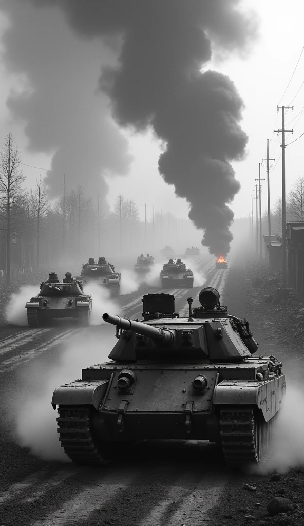 Enemy tank units invading the city, futuristic armored tanks with curved surfaces, accompanying infantrymen running around, detailed military vehicles, realistic military uniforms and equipment, dynamic military action scenes, flames burning in the rear, dust and flying debris, cinematic lighting, grim and stagnant atmosphere, horrific battlefield reality close-up of an armored fighting vehicle, conveying the reality of a horrific battlefield,