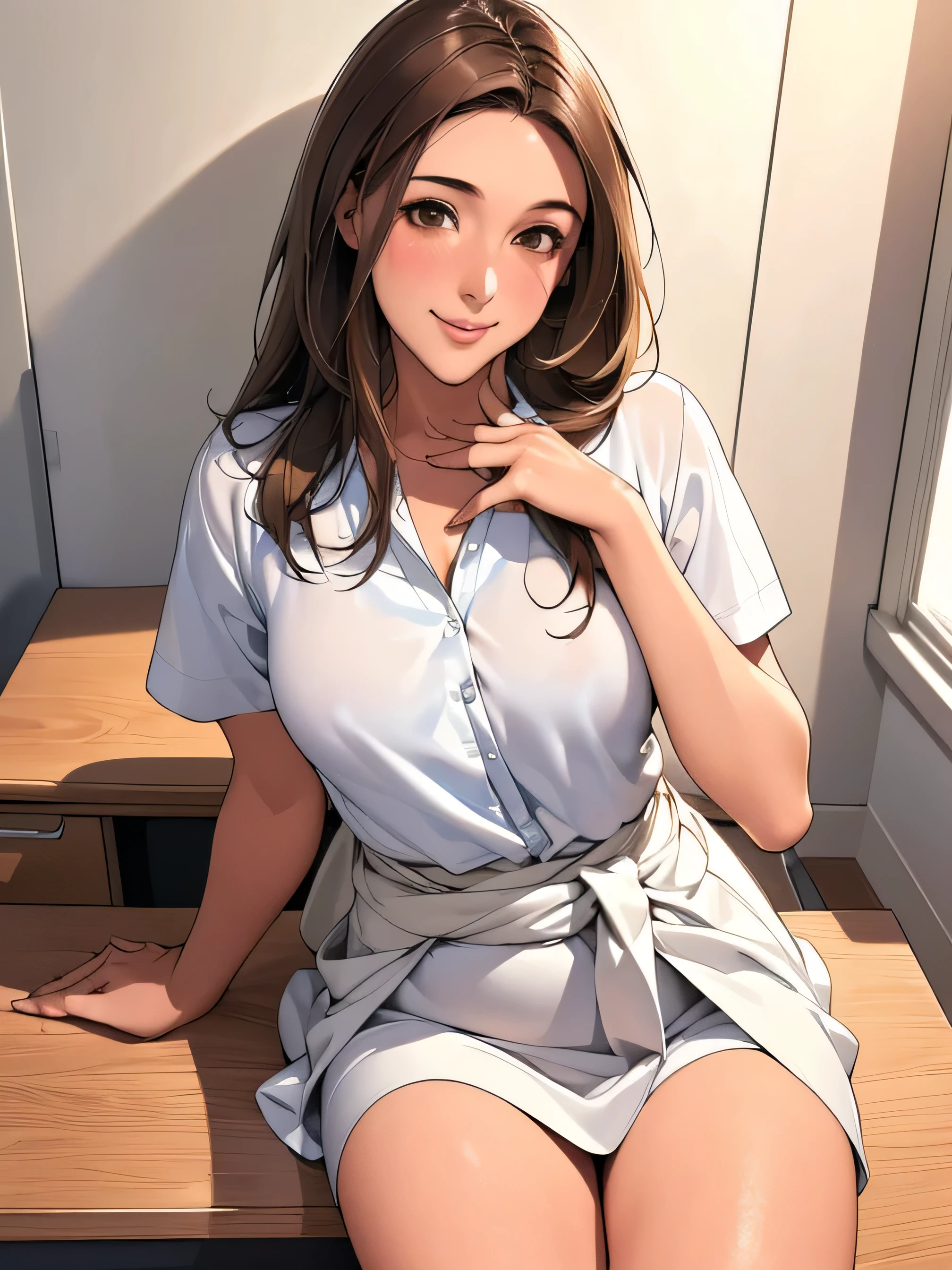 (High quality, High resolution, Fine details), (bathrobe), sitting, (wooden chair), comfortable seating, modern interior, light-filled room, solo, curvy women, Wet hair, sparkling eyes, (Detailed eyes:1.2), smile, blush, (Sweat), (Oily skin), View from the side, shallow depth of field, bokeh, soft lighting, peaceful atmosphere, gentle color palette, warm tones, subdued lighting