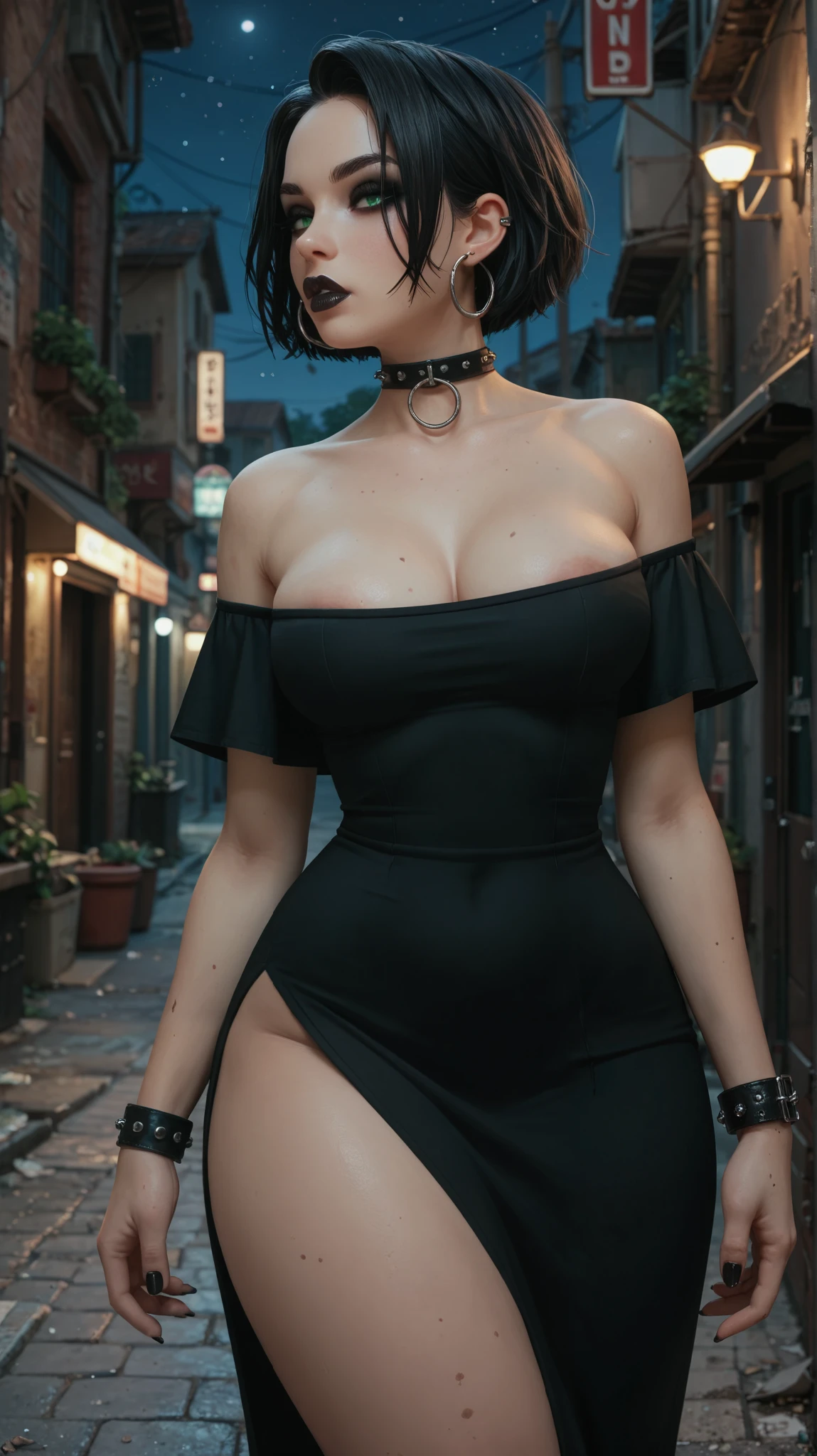 (masterpiece), (extremely intricate:1.3), (realistic), portrait of a girl, (huge and perfect breasts:1.1), heaving bosom, the most beautiful in the world, dark eyebrows, short pixie cut, purple hair, almond eyes, brown eyes, lots of freckles on face, perfect makeup, seductive look, smirk, blushing, seductive, (summer dress), (perfect makeup), heavily tattooed, elf ears, pale skin, detailed textures, outdoors, starry night, full moon, garden, wooden fence, fairy lights along fence, professional photograph of a stunning woman detailed, looking at the camera, alluring stare, detailed eyes, sharp focus, dramatic, award winning, cinematic lighting, octane render  unreal engine,  volumetrics dtx, (film grain, blurry background, blurry foreground, bokeh, depth of field, motion blur:1.3)