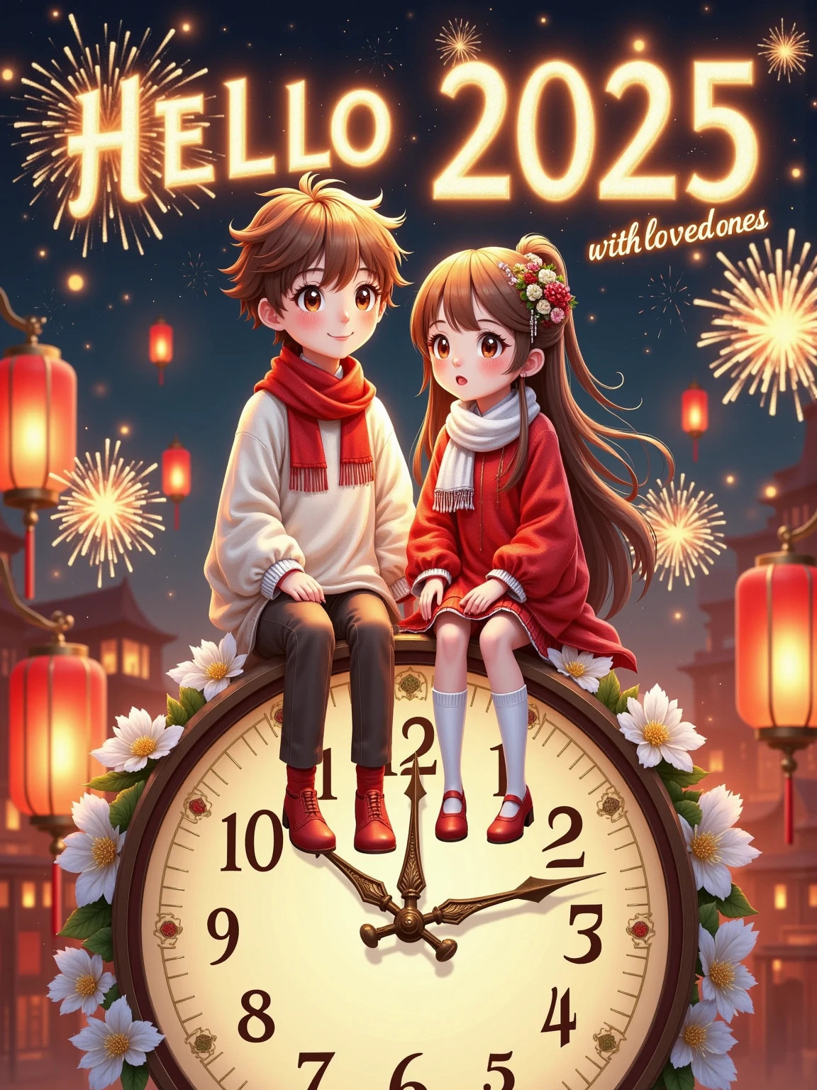 Flat illustration, New Year poster, surreal, glowing text "HELLO 2025" at the top, subtitle "With loved ones", a cute boy (short brown hair, white sweater, red scarf) and a cute girl (long brown hair, red sweater, white scarf) sitting close together on top of a giant clock, front view, fireworks, particle glow, blurred background, depth of field, whimsical New Year atmosphere, New Year's Eve atmosphere, soft lighting, dreamy atmosphere, storytelling, artistic, 8K, masterpiece