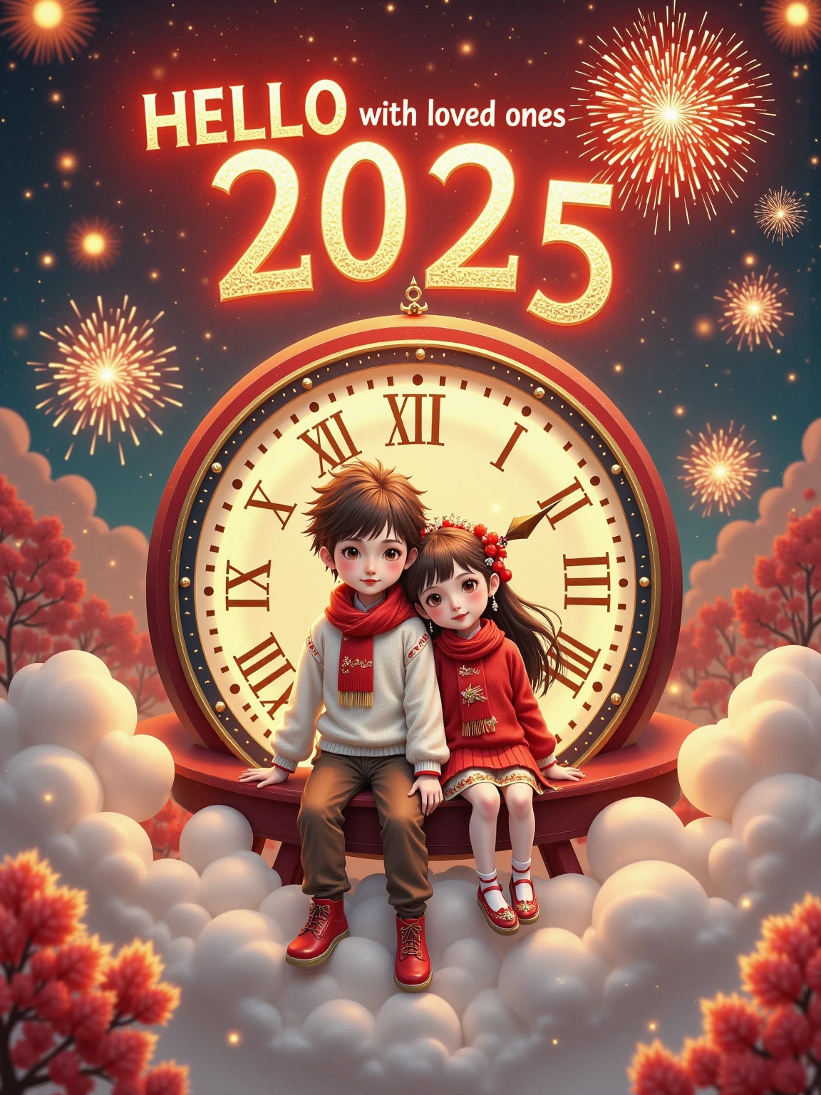 Flat illustration, New Year poster, surreal, glowing text "HELLO 2025" at the top, subtitle "With loved ones", a cute boy (short brown hair, white sweater, red scarf) and a cute girl (long brown hair, red sweater, white scarf) sitting close together on top of a giant clock, front view, fireworks, particle glow, blurred background, depth of field, whimsical New Year atmosphere, New Year's Eve atmosphere, soft lighting, dreamy atmosphere, storytelling, artistic, 8K, masterpiece