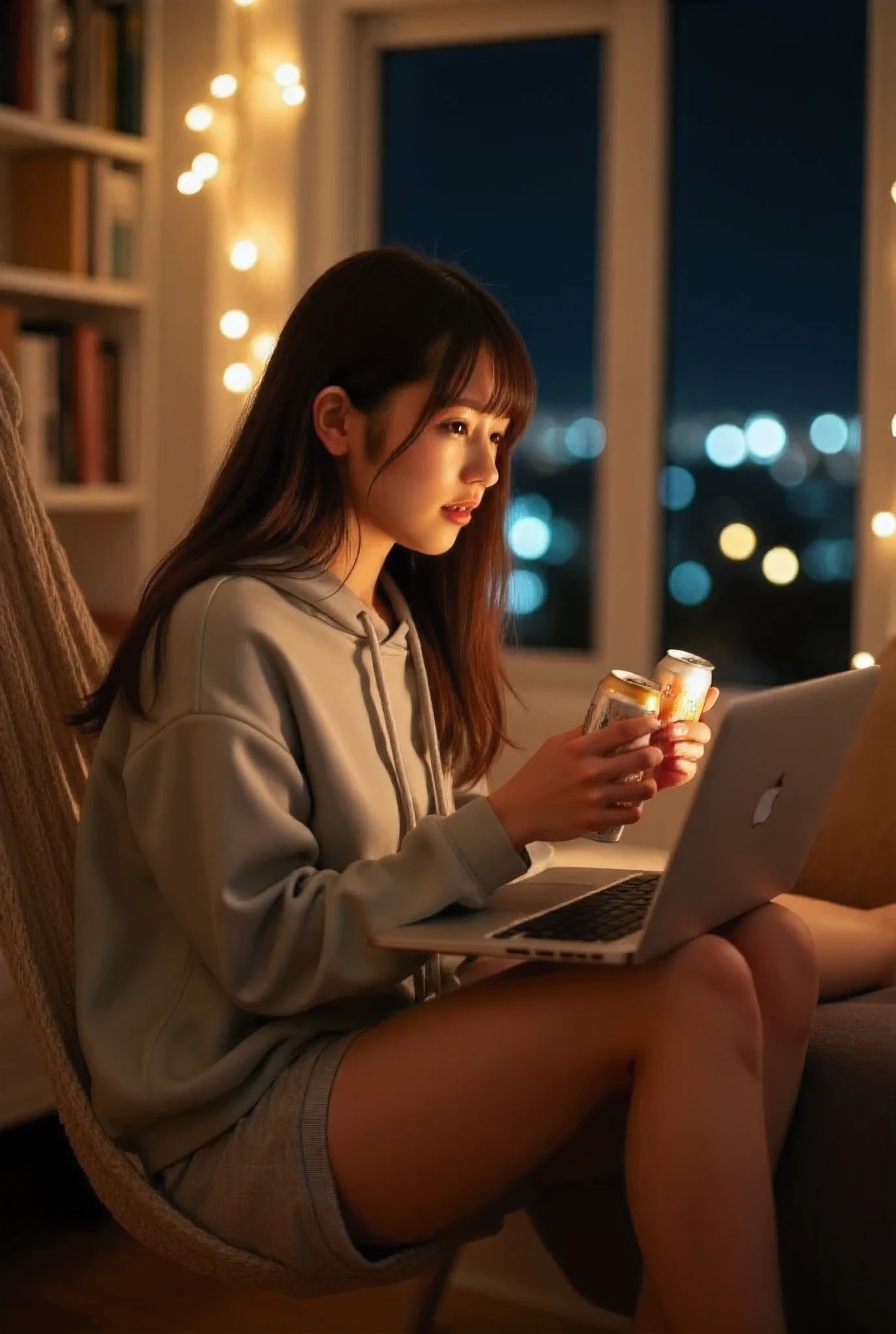 In a cozy and softly lit bedroom, School uniform, spread legs, a beautiful girl sits comfortably in a hammock strung between two walls. She has a small, sleek laptop balanced on her lap, its screen glowing softly. In her right hand, she holds an opened can of beer, condensation dripping down its sides, while her left hand operates an iPhone with practiced ease. Her cheeks are flushed a soft pink, hinting at excitement or perhaps the effect of the drink. Her long, slightly wavy hair cascades over her shoulders, and she wears a casual yet stylish outfit—a loose, oversized hoodie and snug shorts, highlighting a relaxed vibe. The hammock sways gently, surrounded by the warmth of the room, which is adorned with fairy lights, bookshelves filled with novels, and scattered cushions. Outside the window, a faint cityscape glimmers in the night, adding to the serene yet lively mood of the scene. The focus remains on her expression, a mix of youthful excitement and absorbed concentration as she interacts with her phone while multitasking effortlessly.