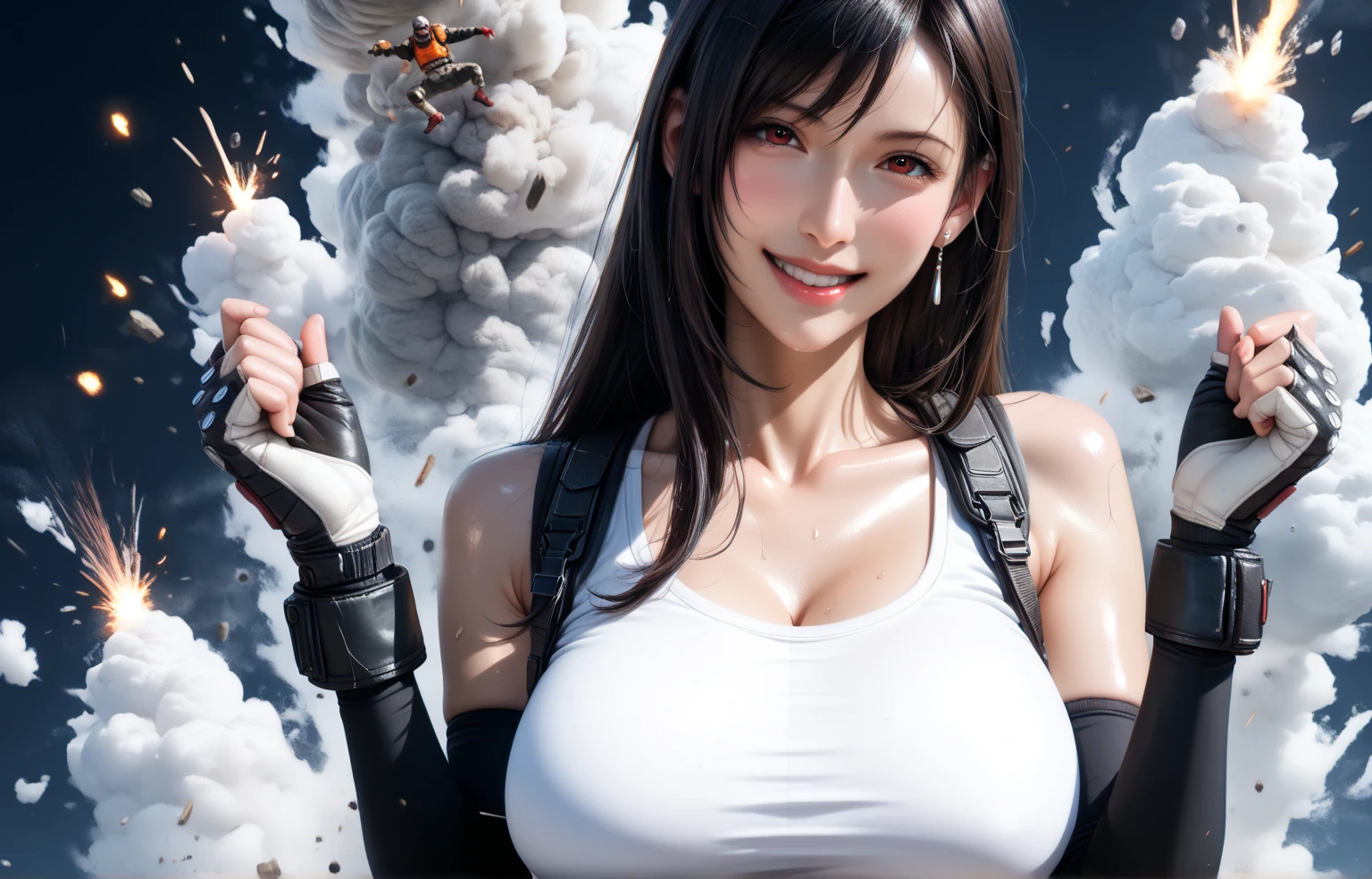 score_9,score_8_up,score_7_up,high res image,masterpiece,best quality,realistic,tifa lockhart,(vest:1.3),(suspender_shorts:1.3),(black_thighhighs:1.3),(gloves:1.2),(adult:1.2),(fair_skin:1.3),(shiny_skin:1.3),(((plump:1.4))),(black hair:1.2),(straight_hair:1.2),(long hair:1.2),(hanging breasts:1.3),beautiful detailed glow,((flames of war)),(((nuclear explosion behide))),(jumping:1.4),(naughty_face:1.4),