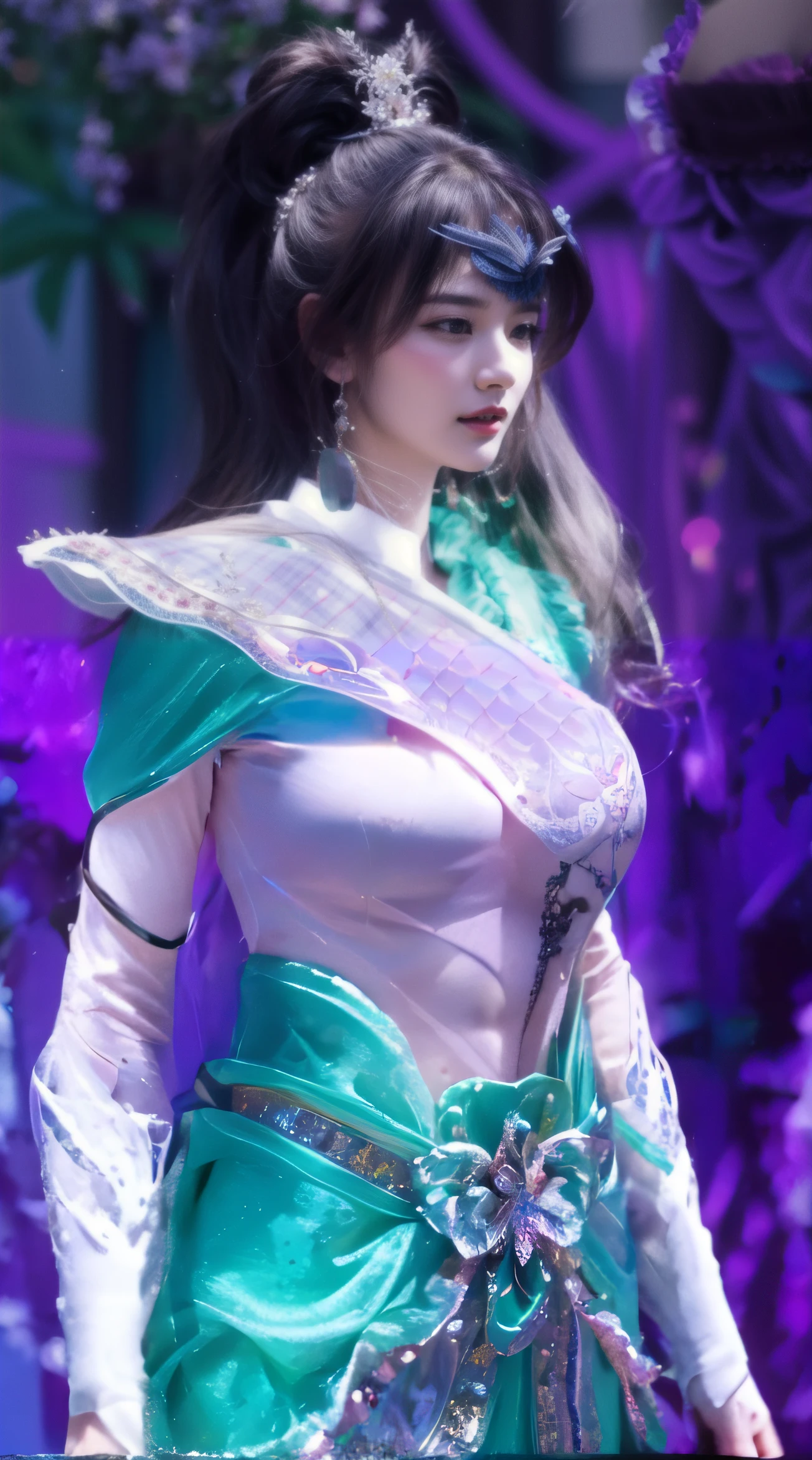 (Logo, masterpiece, 8K, On the table, RAW photos, wonderful, 最high quality, Photorealistic and hVery detailed CG integrated 8K wallpaper, high quality, Very detailed, Narrative Poems, Particle Effects, dynamic effect, Written border depth, light, lens flare, Ray Tracing)), fantasy, ((1 beautiful woman, Clear gray eyes, Purple hair extensions, Pretty Face, serious, Beautiful and delicate eyes, Beautiful skin, Woman dancing gracefully:1.7, Woman dancing gracefully:1.7)), 长发がwindでなびく, The hair bounces, 长发がwindで踊る, hair jump, Jewelry, Tattoo, Hanfu, Chinese Fairy, Taoist costumes, Silver earrings, ((night, wind, dark, Full Moon, night空, 雪とFrost, Very cold winter day, Snow Mountainや森, Frost, Snow Mountain々, Frost树的美丽与光辉, The tranquility and beauty of the snow world)), Hips up, beautiful eyes,Black long hair,