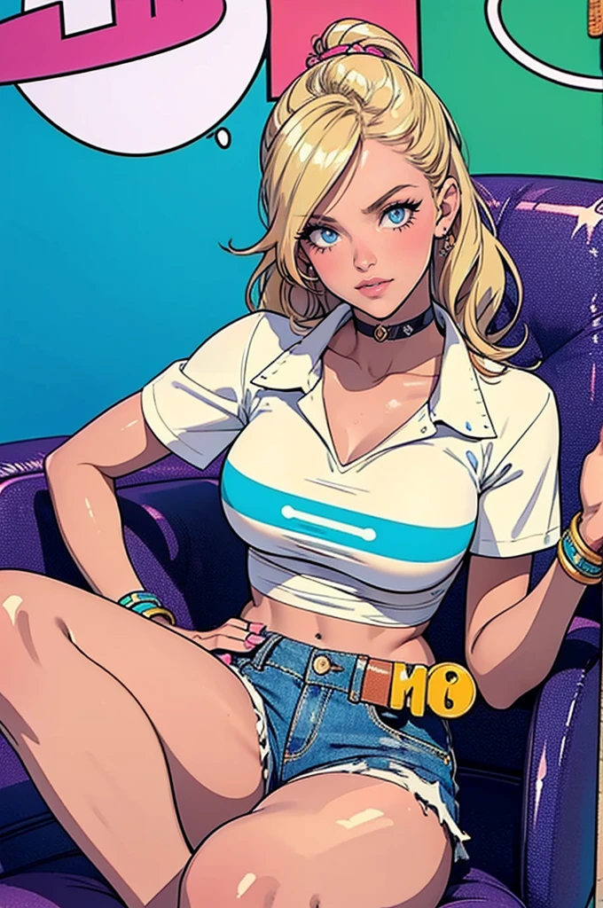 (masterpiece, best quality), young woman, perfect slim fit body, (huge breasts), big gorgeous eyes, soft smile, parted lips, detailed printed micro bikini top, fleece jacket, short shorts, pastel colors, detailed choker, wavy hair, santorini beach, late evening, excellent lighting, bright colors, clean lines, photorealistic