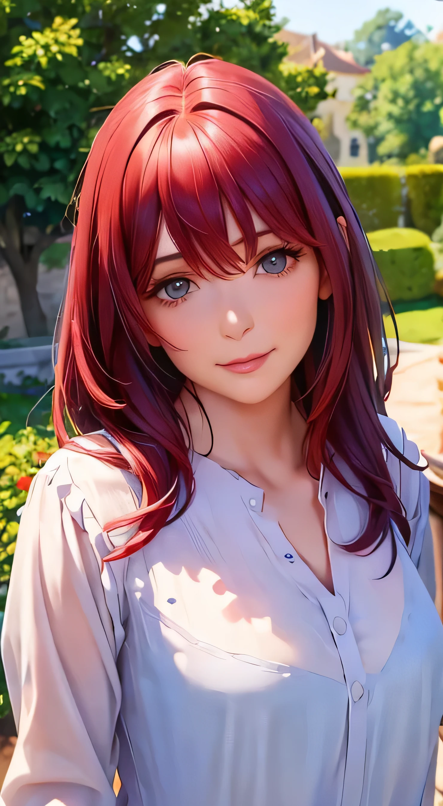  top quality 、4K quality、 realistic、、 cute、zoom、 maroon hair in the garden、、 gray eyes、  flat chest、、blouse、 face close-up 
