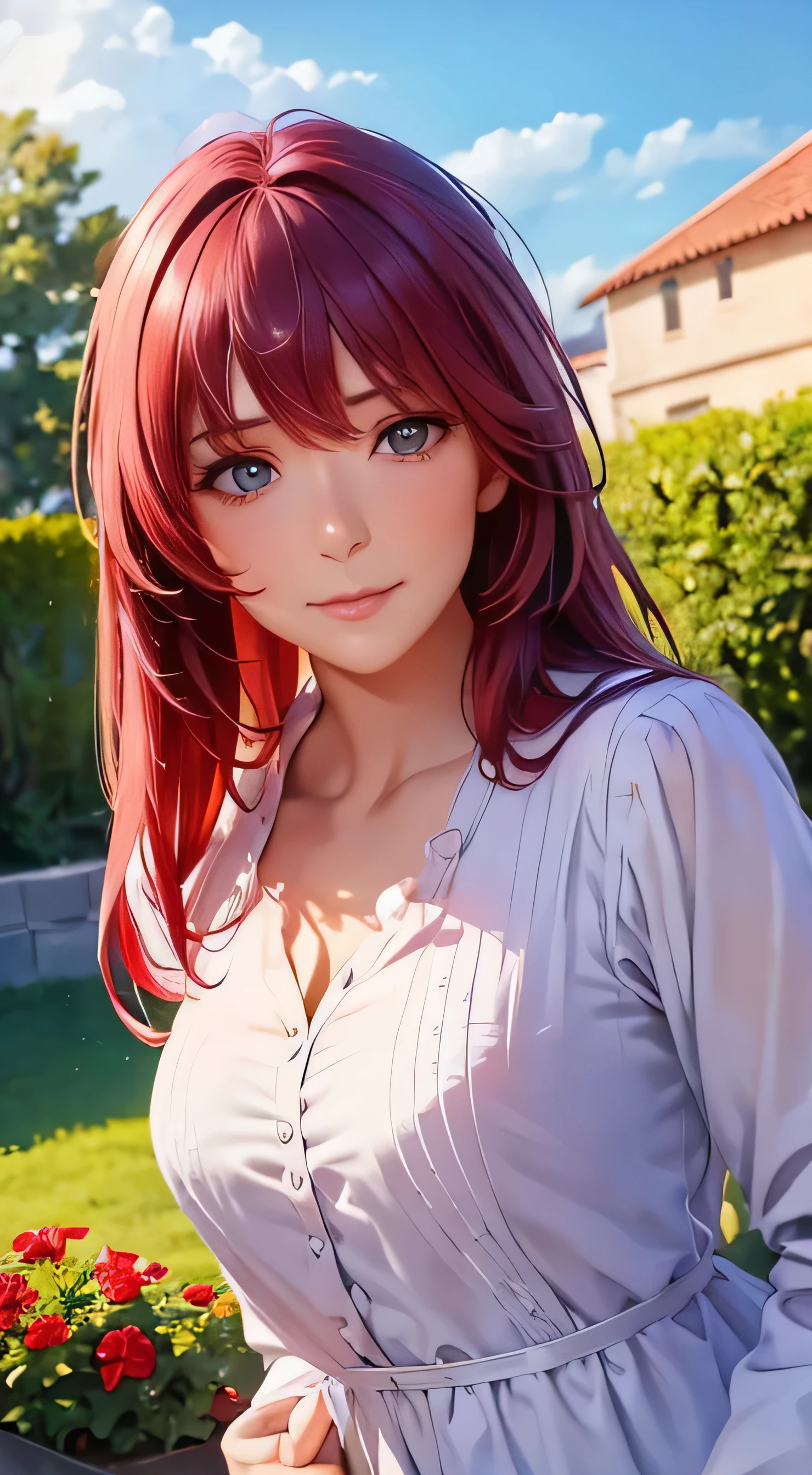  top quality 、4K quality、 realistic、、 cute、zoom、 maroon hair in the garden、、 gray eyes、  flat chest、、blouse、 face close-up 
