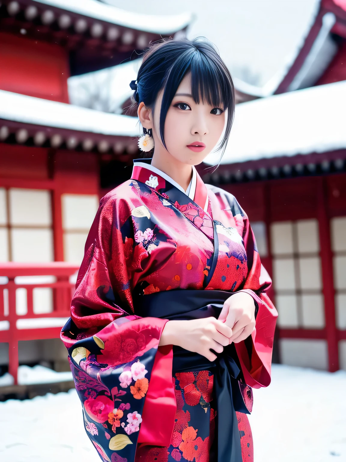 A breathtakingly beautiful 20-year-old woman with a slender physique, dressed in an elegant black and red kimono suitable for the Japanese New Year. She stands against the serene backdrop of a New Year's sunrise, featuring a traditional Japanese shrine, snow-covered grounds, and vibrant red camellias in bloom. Her gentle smile and friendly expression harmonize with the peaceful atmosphere of the snowy morning. (RAW photo, top quality, realistic, photo-realistic:1.4), (masterpiece, extremely detailed, 2k wallpaper), (Ultra Details, high res, soft light, cinematic lighting), (perfect anatomy, slender body), (extremely detailed eyes and face, beautiful nose, beautiful eyes). 