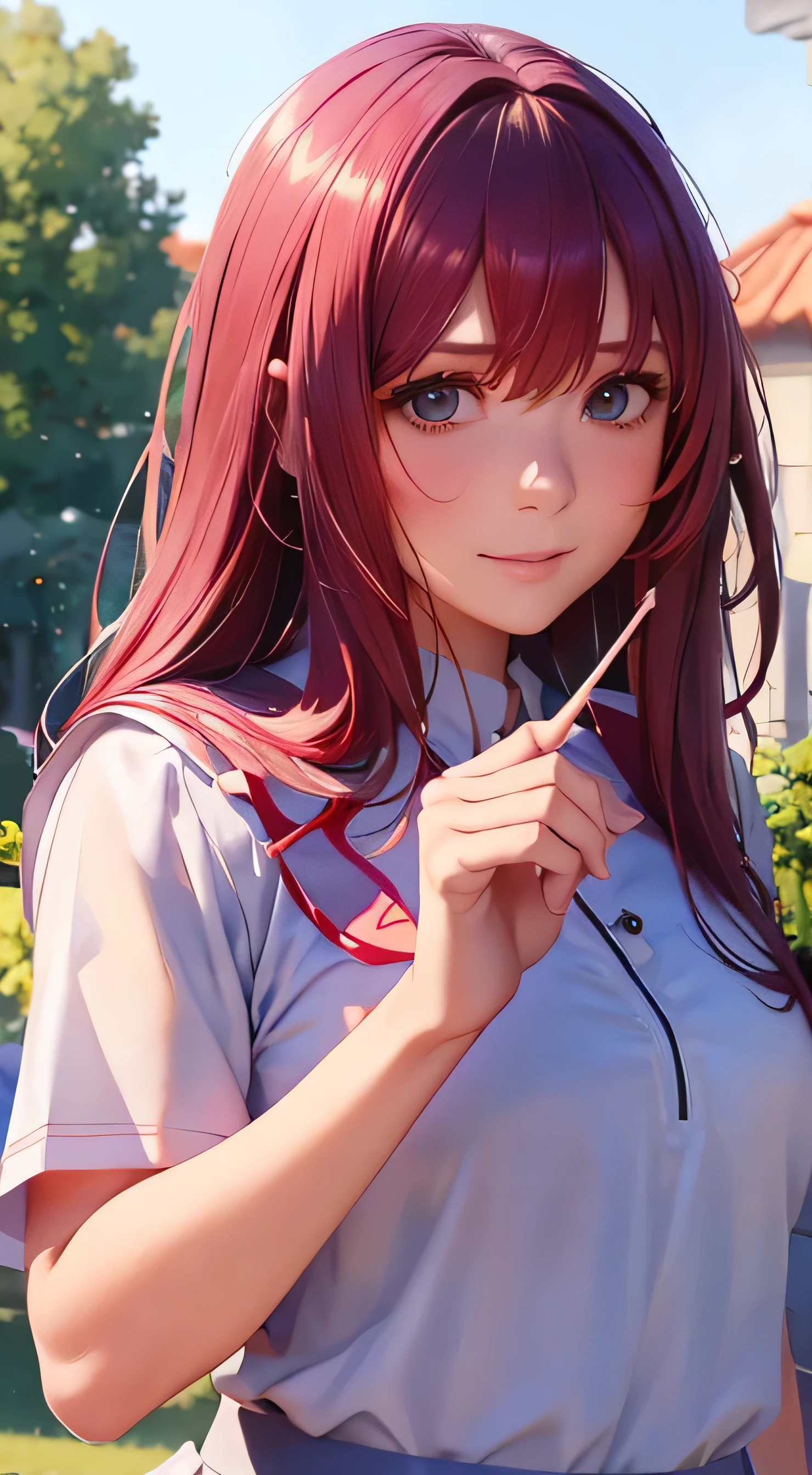  top quality 、4K quality、 realistic、、 cute、zoom、 maroon hair in the garden、、 gray eyes、  flat chest、、blouse、 face close-up ,((wearing High School Uniform:1.4))、