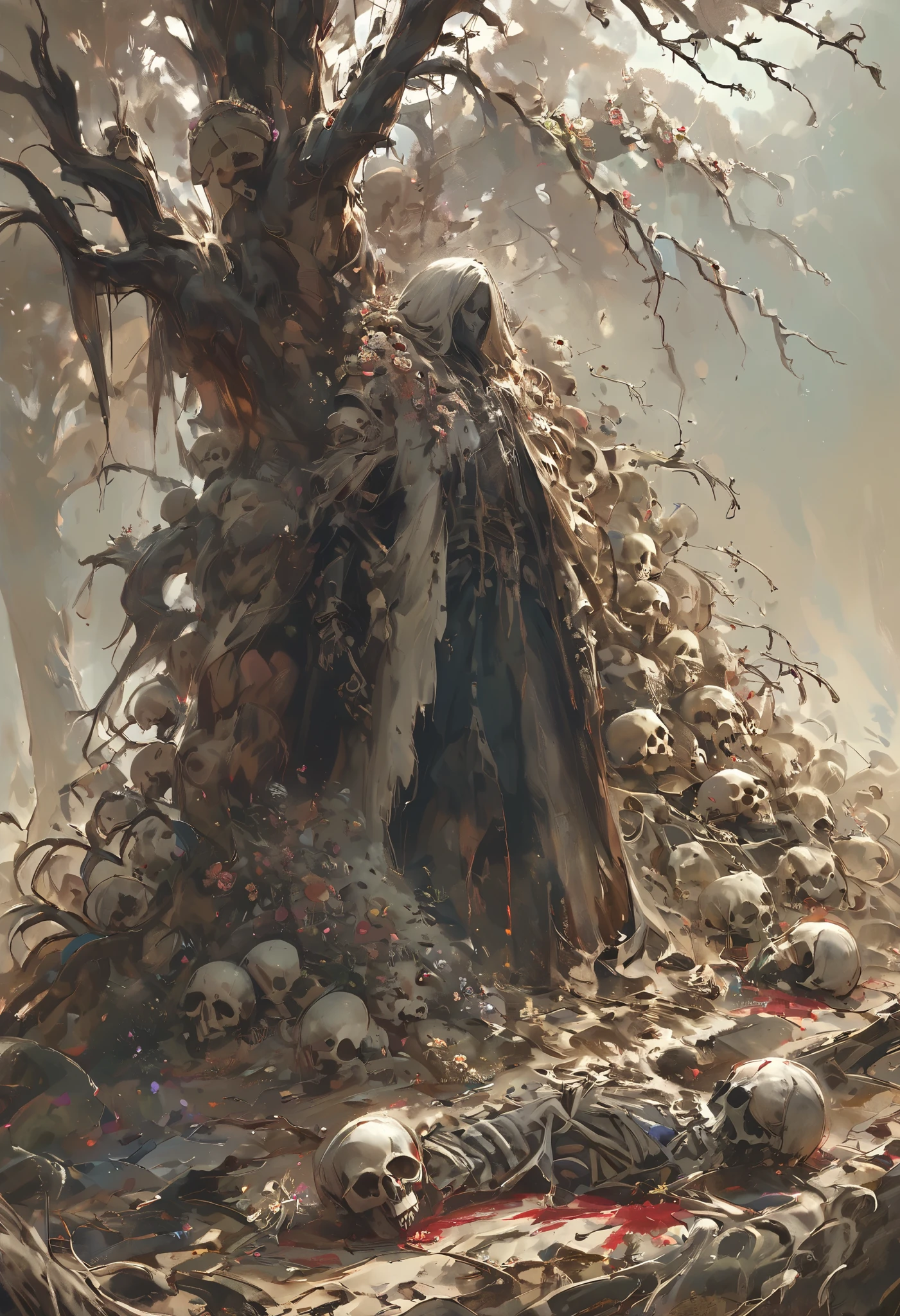 A large cursed tree bearing skulls, countless skulls blooming at the tips of its branches, a large tree full of skeletons, the smell of rot and blood surrounding it, and a strange groan coming from the ground. Ground covered with s, ground with partially exposed rotting limbs, ais-crsd