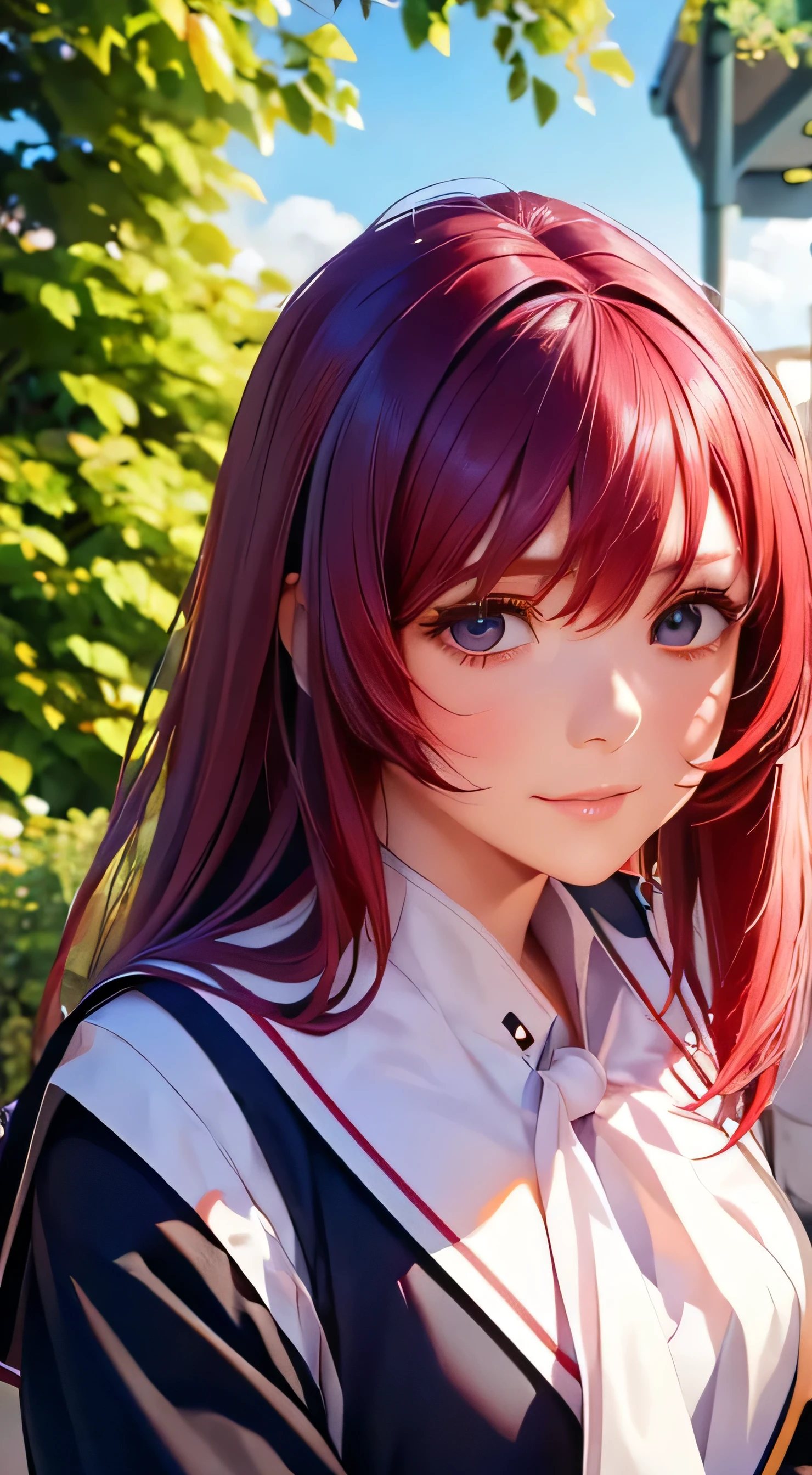  top quality 、4K quality、 realistic、、 cute、zoom、 maroon hair in the garden、、 gray eyes、  flat chest、、blouse、 face close-up ,((wearing High School Uniform:1.4))、