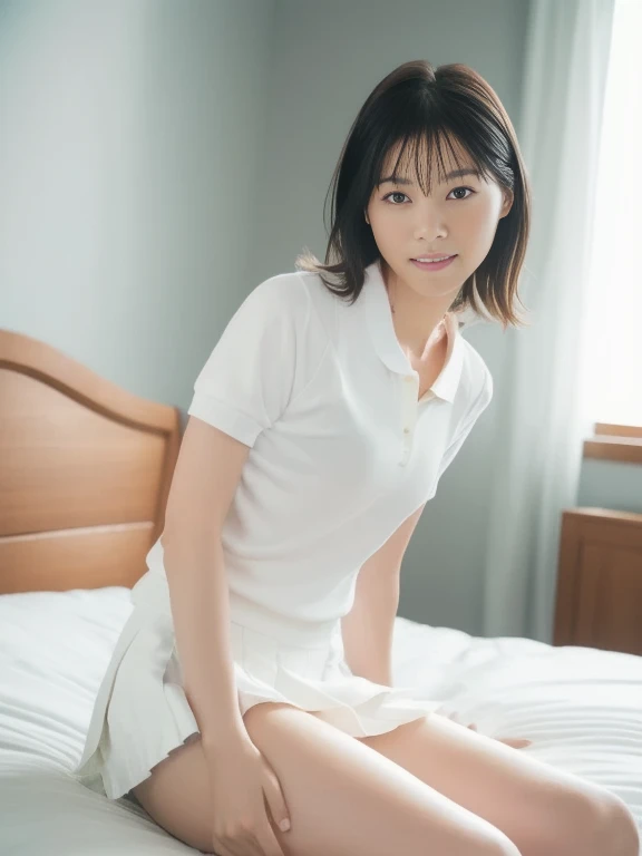 One girl, Short hair up to shoulders,Black Hair,smile, summer, room,Bed,Sit,6th grade elementary school,Dignified face,Look at this,front,Tank top,Skirt above the knee,Absolute area,Down to the feet,Fair skin, (masterpiece, Highest quality), Soft Light, Structure of the film, Like in the movies